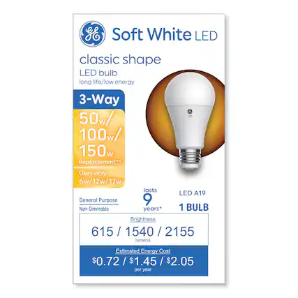 Soft White LED
classic shape
LED bulb
long life/low energy
3-Way
50w/ 100w/ 150w Replacement**
Uses only 6w/12w/17w
Lasts 9 years*
General Purpose
Non-Dimmable
LED A19
1 BULB
Brightness
615 / 1540 / 2155 lumens
Estimated Energy Cost
$0.72 / $1.45 / $2.05 per year