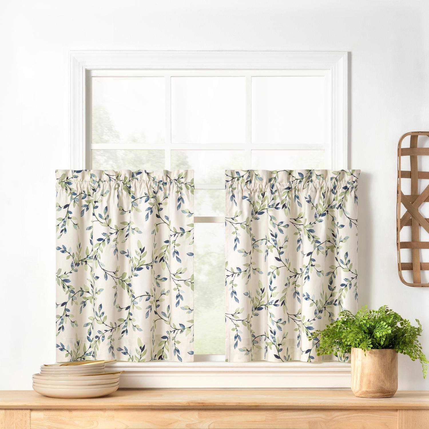 Angle. Ellis Curtain - Ellis Vintage Stylish Medium Scale Printed Vine Pattern 1.5" Rod Pocket Tier for Windows 56"x36" Azure - Azure.