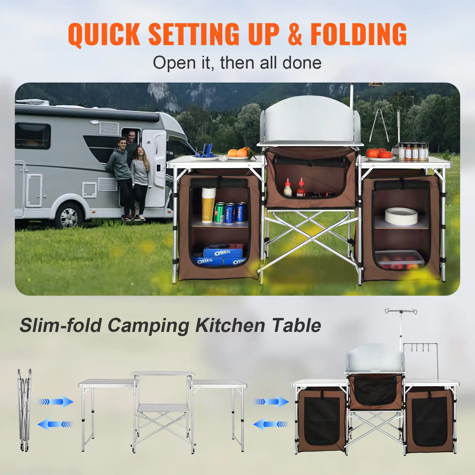 QUICK SETTING UP & FOLDING Open it, then all done Slim-fold Camping Kitchen Table
