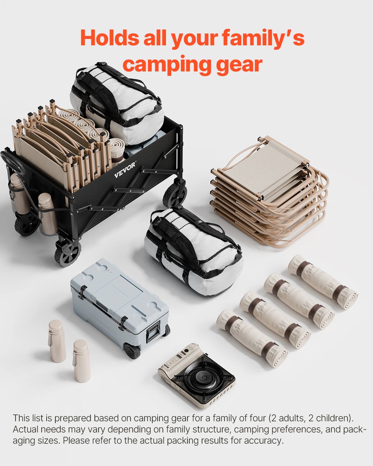 Holds all your family's camping gear

VEVOR

This list is prepared based on camping gear for a family of four (2 adults, 2 children). Actual needs may vary depending on family structure, camping preferences, and pack-aging sizes. Please refer to the actual packing results for accuracy.
