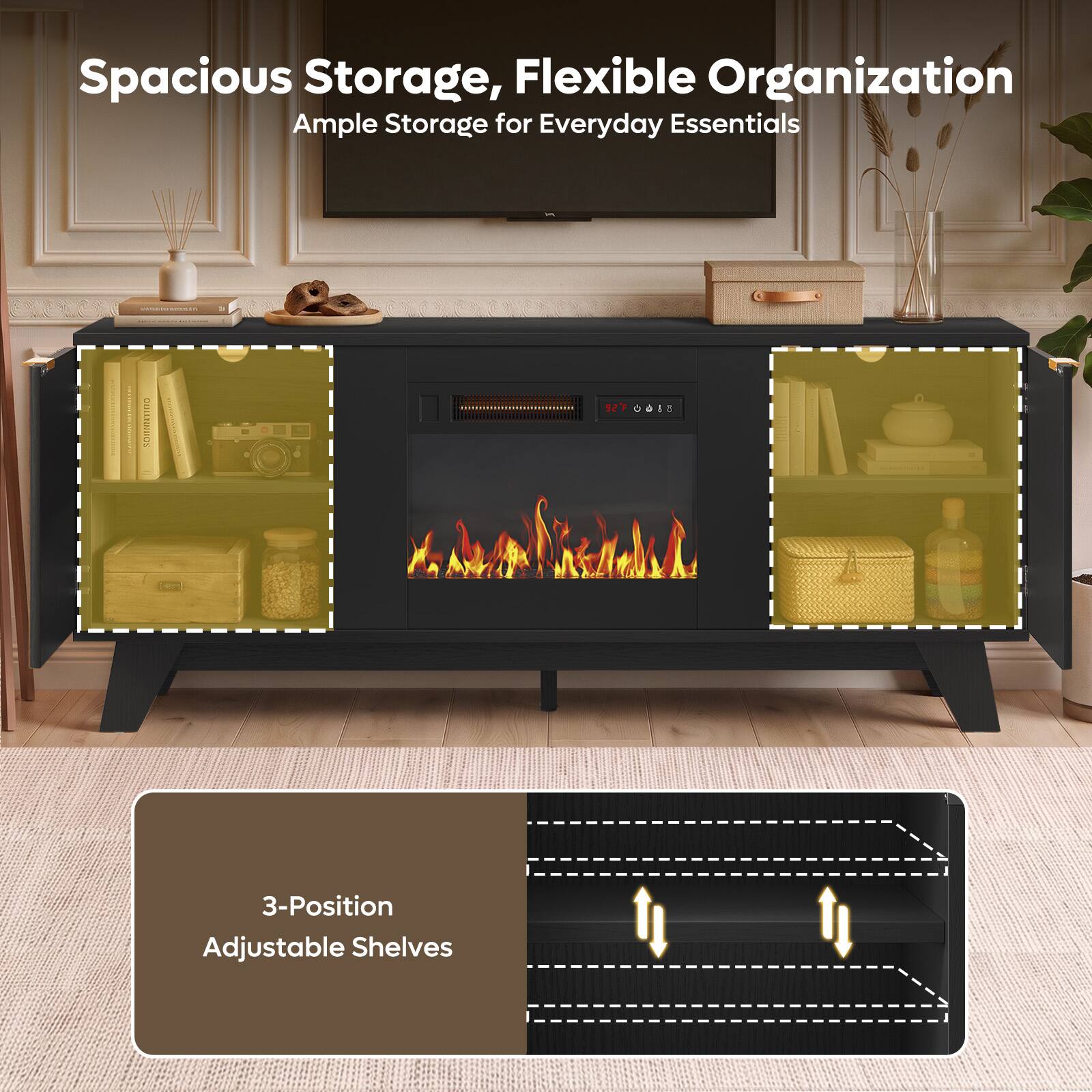 Spacious Storage, Flexible Organization  
Ample Storage for Everyday Essentials  

92F 6088  

3-Position Adjustable Shelves