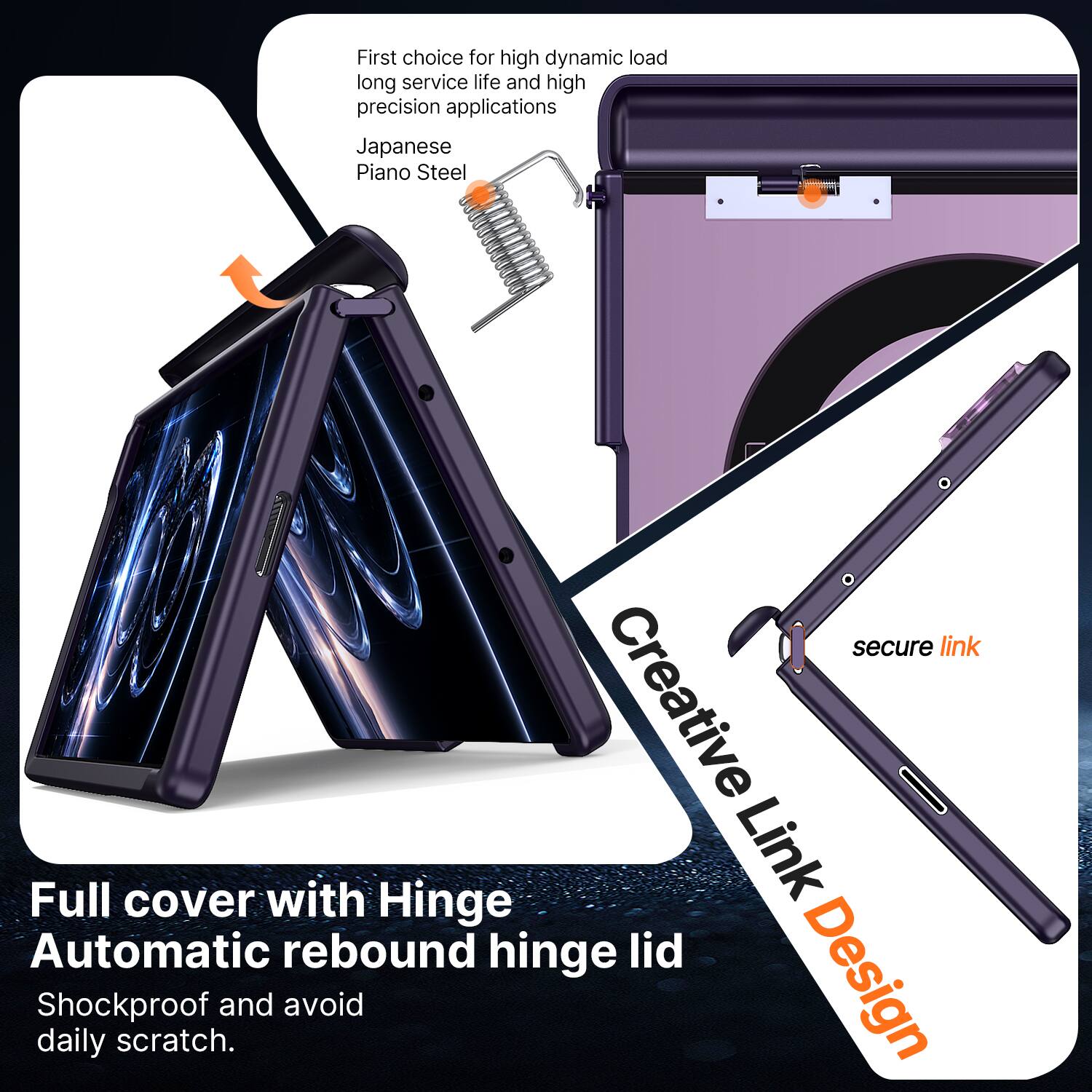 First choice for high dynamic load, long service life, and high precision applications: Japanese Piano Steel

Full cover with Hinge Automatic rebound hinge lid
Shockproof and avoid daily scratch.

Creative Link Design
secure link