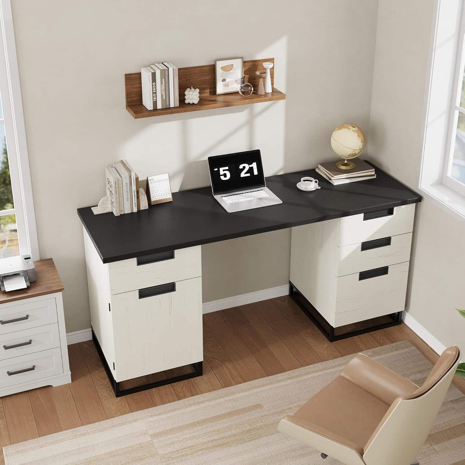 Acekool - Executive Home Office Computer Desk with File Drawers and Storage Cabinet, Black+White