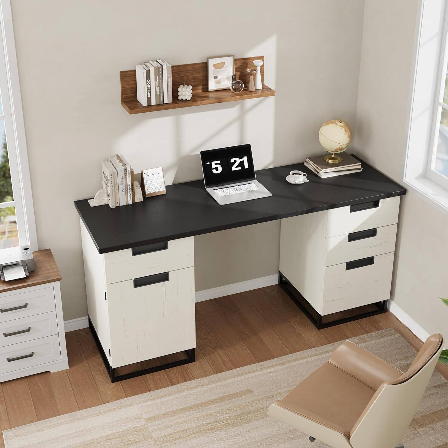 Front. Acekool - Executive Home Office Computer Desk with File Drawers and Storage Cabinet, Black+White.