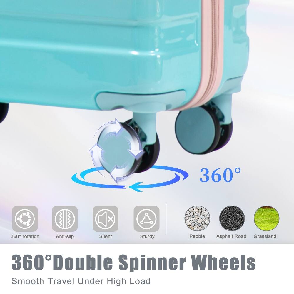 360° Double Spinner Wheels  
Smooth Travel Under High Load  

360° rotation  
Anti-slip  
Silent  
Sturdy  
Pebble  
Asphalt Road  
Grassland