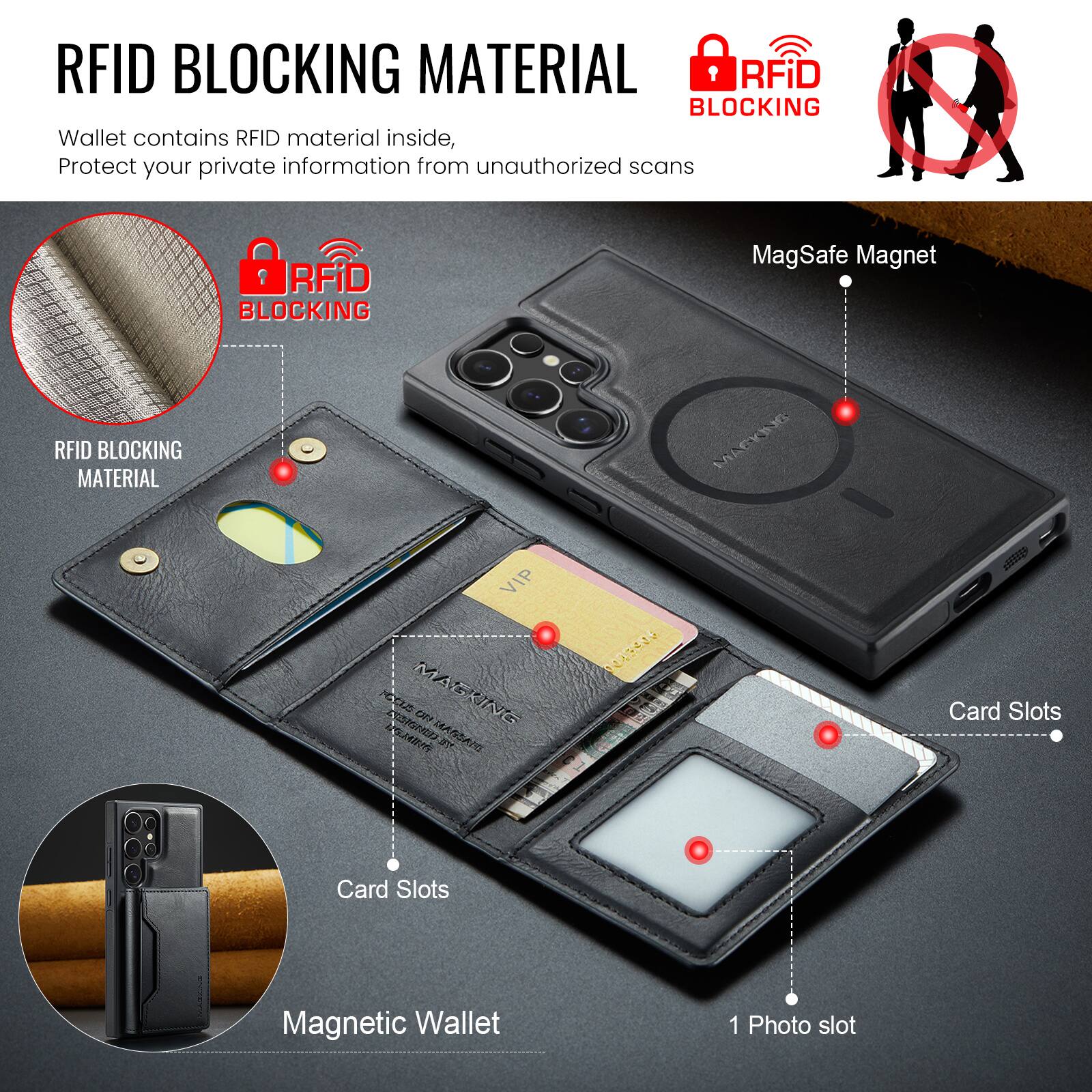 RFID BLOCKING MATERIAL

Wallet contains RFID material inside, Protect your private information from unauthorized scans

RFID BLOCKING MATERIAL

RFiD BLOCKING Wallet contains RFID material inside, Protect your private information from unauthorized scans

RFiD BLOCKING MagSafe Magnet

RFiD BLOCKING MATERIAL

MACKING VIP 1

MAGRINE

4 shnsy Card Slots

Card Slots

Magnetic Wallet

1 Photo slot