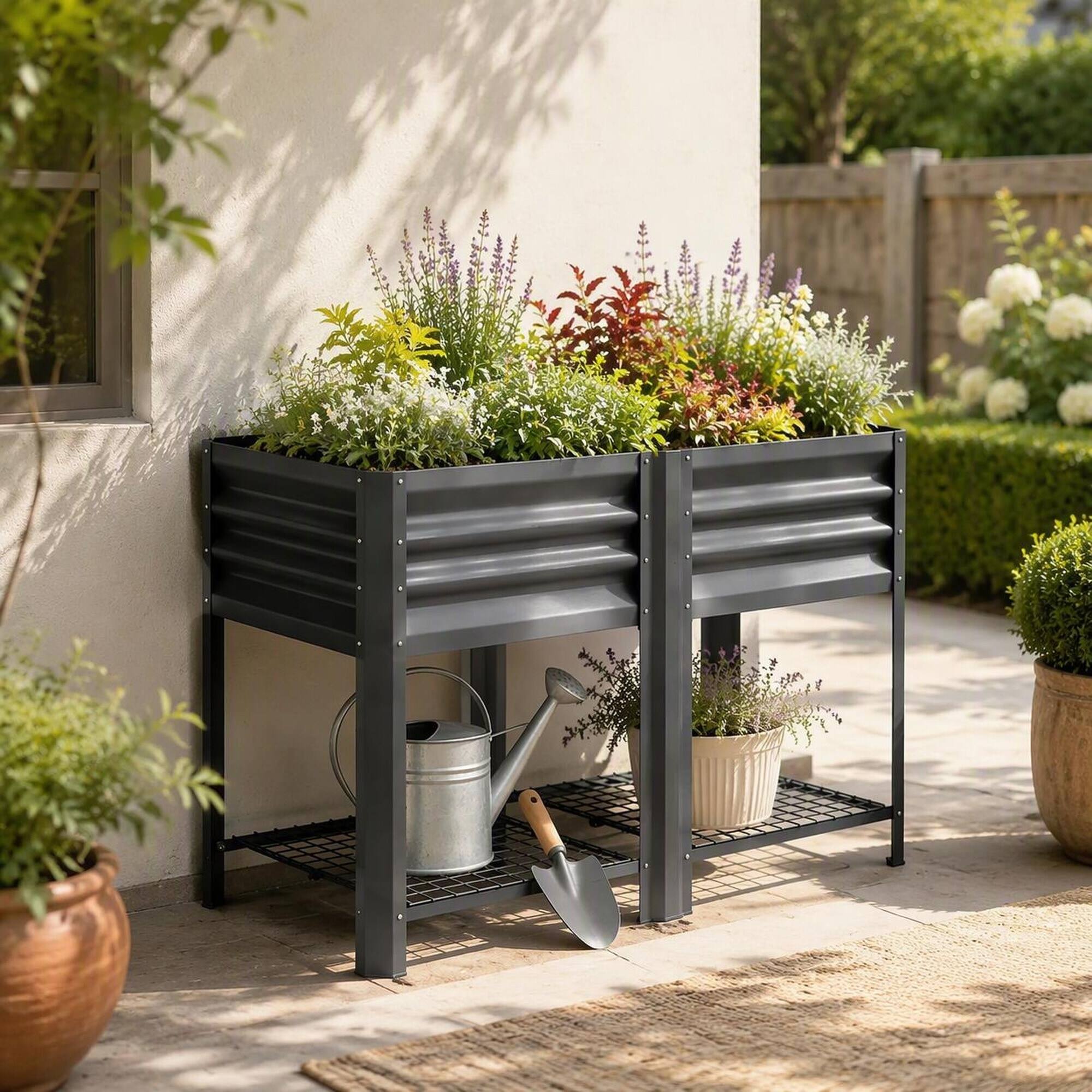 Left. RYHNUYNE - Elevated Outdoor Planter Box with Stand, 39.6 Gallon Galvanized Steel Raised Garden Bed, Dark Gray, 396 lbs - Dark Gray.