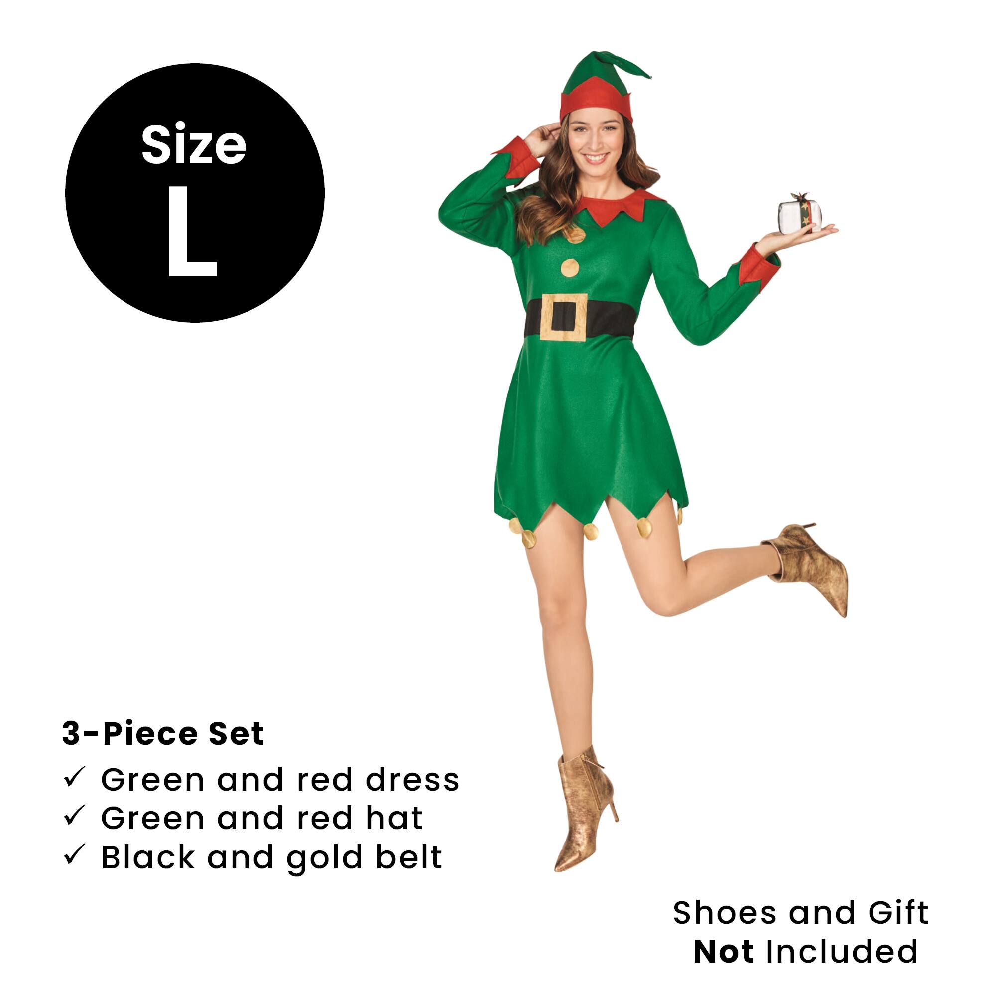 Size L

3-Piece Set
- Green and red dress
- Green and red hat
- Black and gold belt

Shoes and Gift Not Included