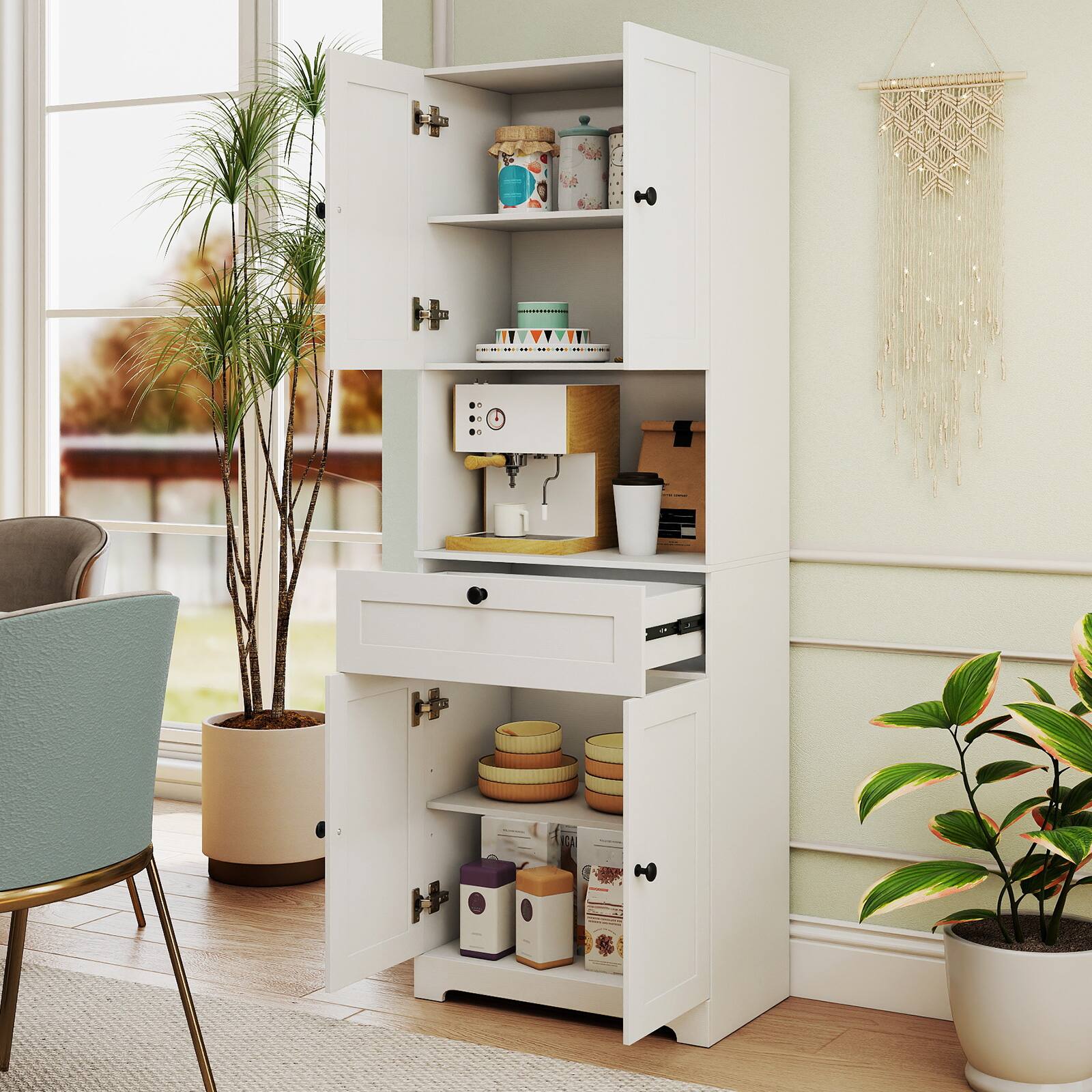 Alt View 3. Gymax - Gymax 67.5'' Kitchen Pantry Cabinet w/4 Doors 1 Drawer Open Countertop Adjustable Shelf White - White.