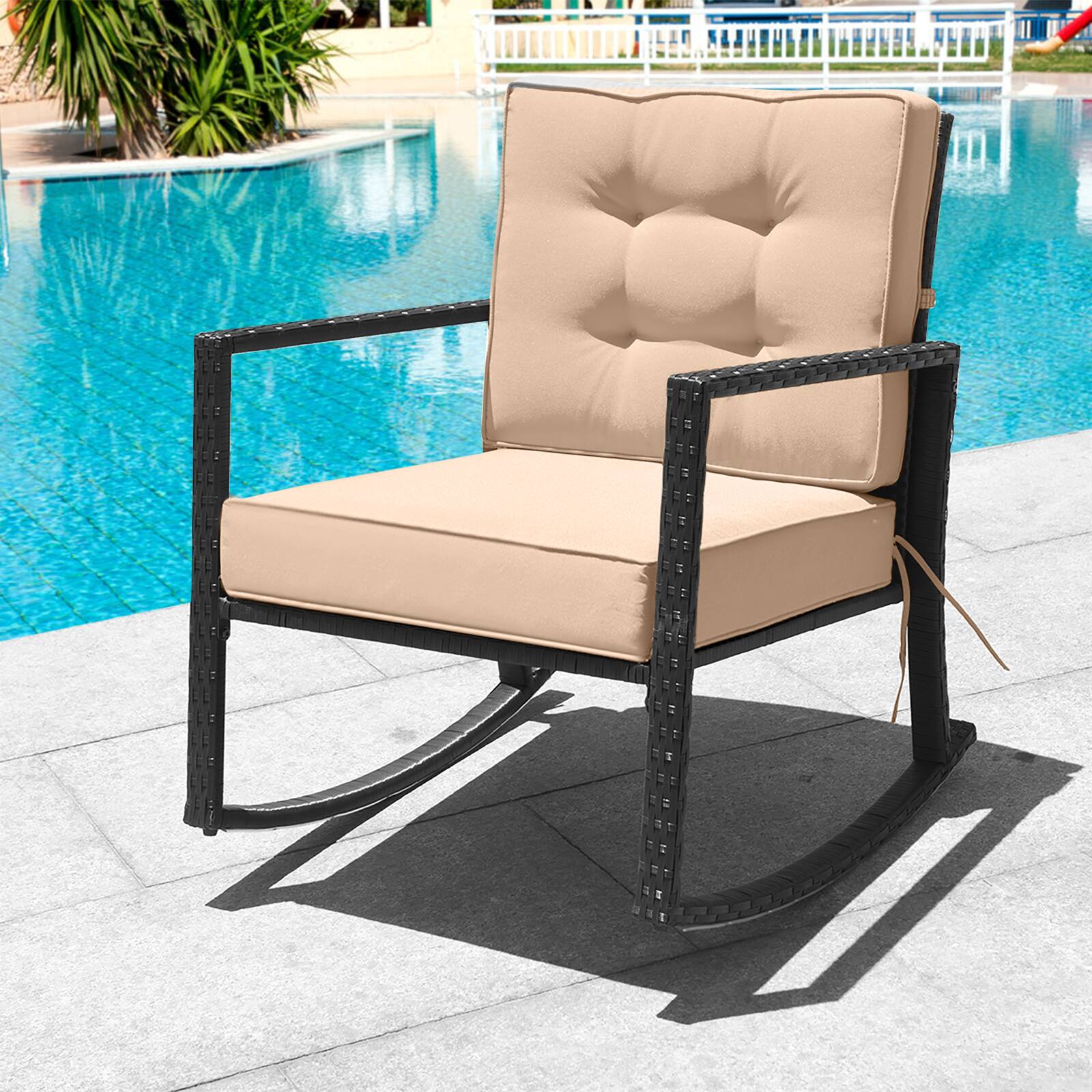 Alt View 3. Costway - Costway 2PCS Patio Rattan Rocker Chair Outdoor Glider Rocking Chair Cushion Lawn - Black+Beige.