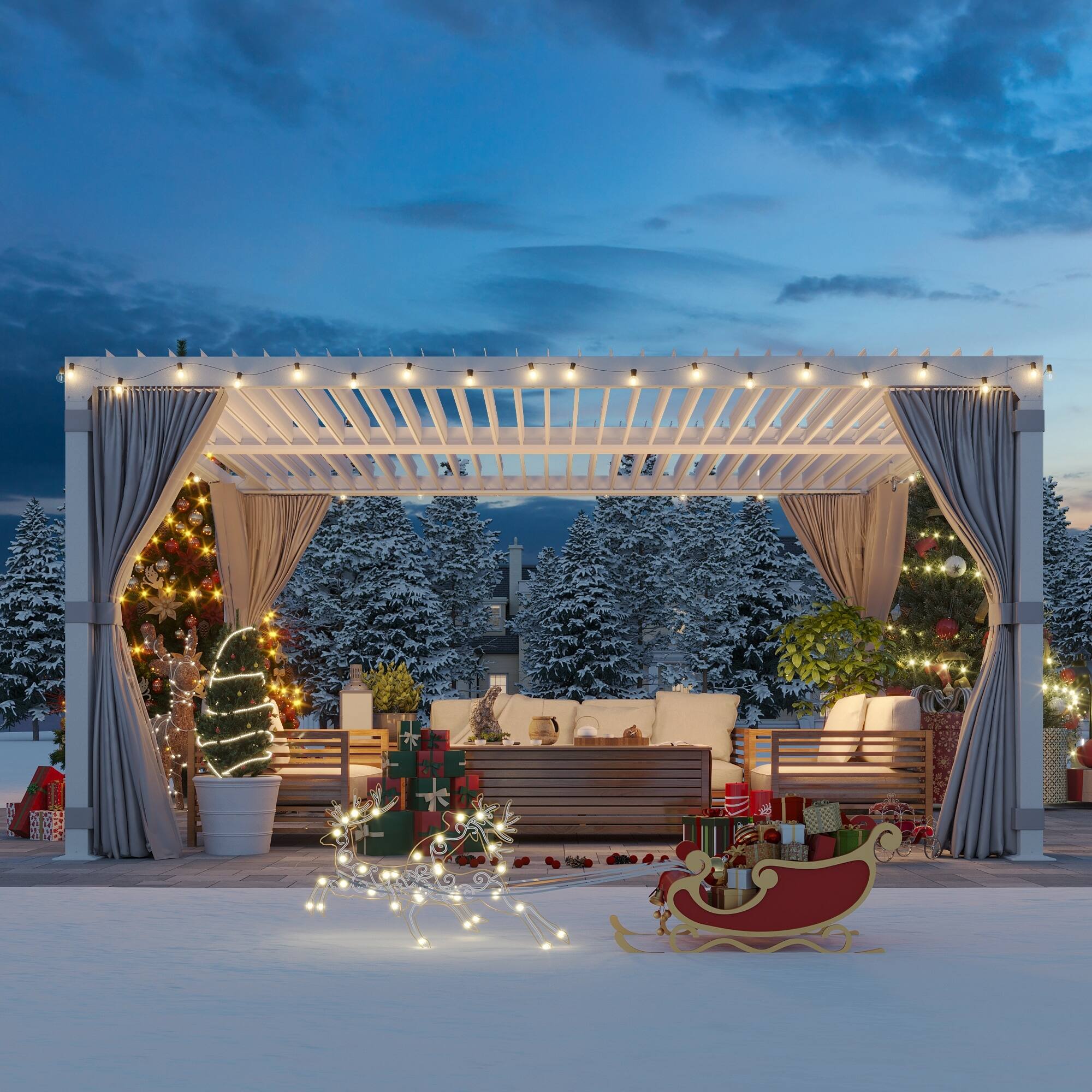 Alt View 5. U-HOMY - 10'x12' Outdoor Living Louvered Pergola - Adjustable & Rainproof Aluminum Roof Gazebo - White.