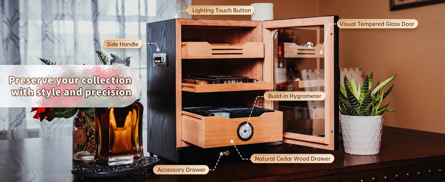 Lighting Touch Button  
Visual Tempered Glass Door  
Side Handle  
Build-in Hygrometer  
Natural Cedar Wood Drawer  
Accessory Drawer  

Preserve your collection with style and precision