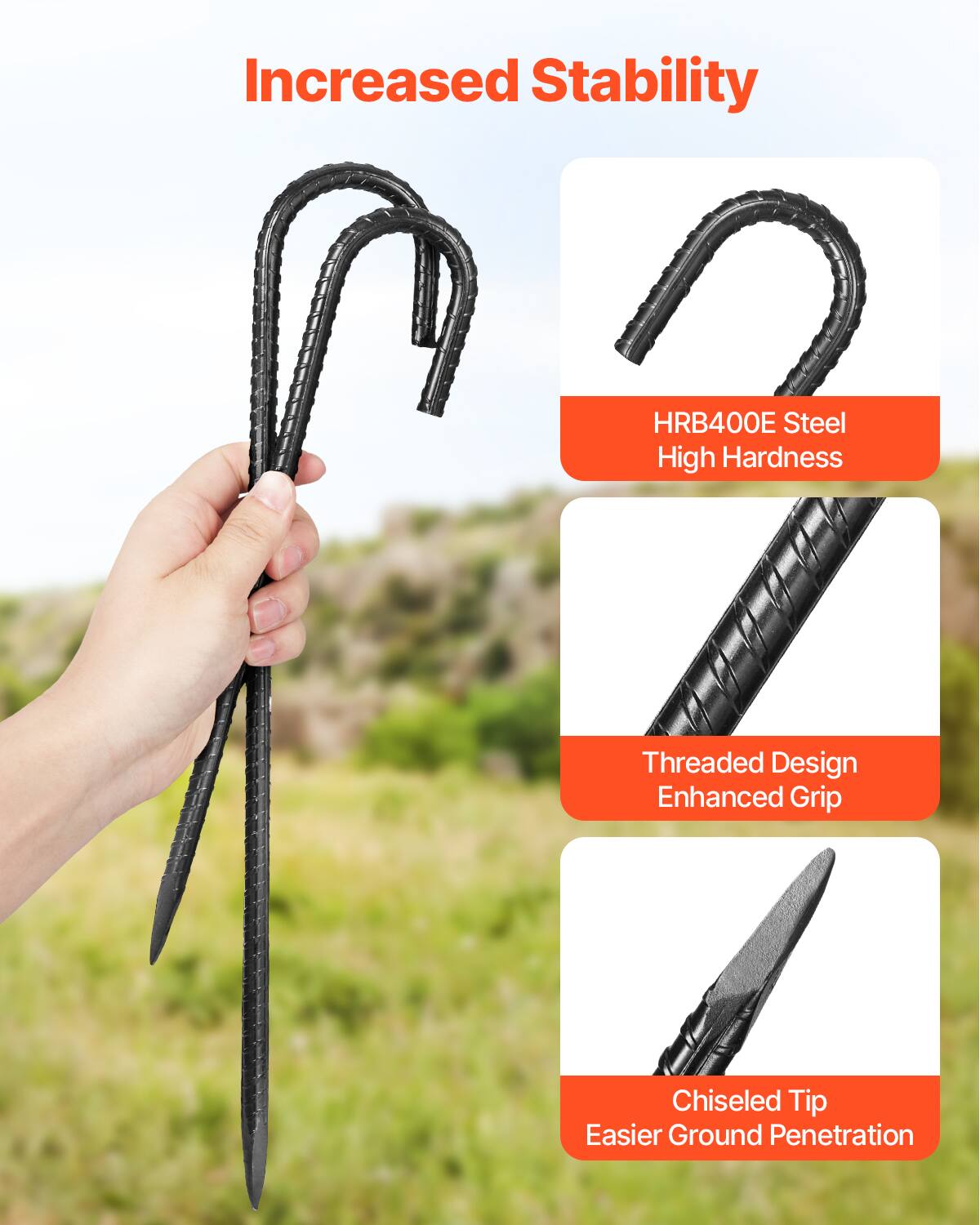 Increased Stability  
HRB400E Steel High Hardness  
Threaded Design Enhanced Grip  
Chiseled Tip Easier Ground Penetration
