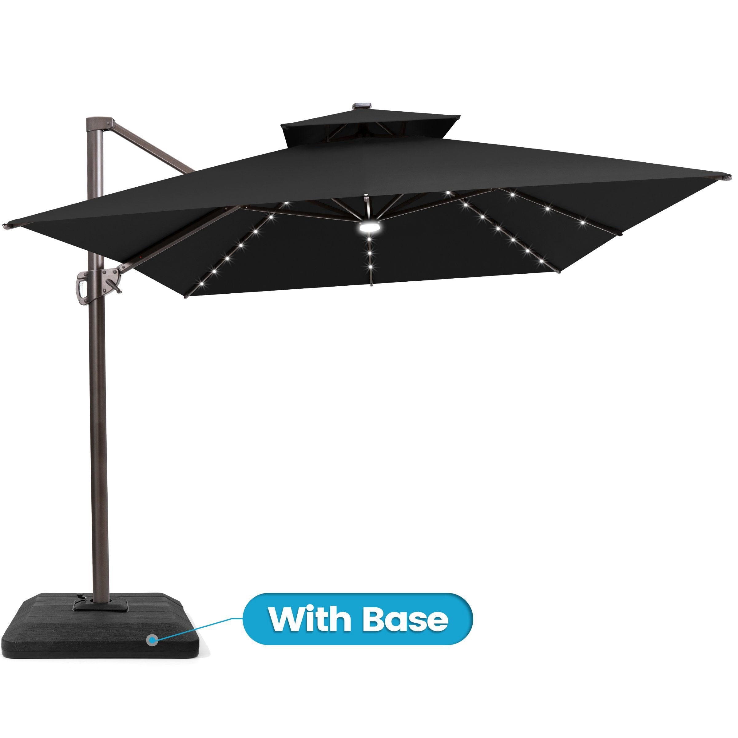 Crestlive Products - 10x13ft Aluminum Double Top Crank Cantilever Patio Umbrella with Lights with Base - Black