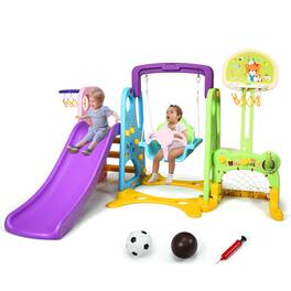 Costway - 6 In 1 Toddler Climber and Swing Set w/ Basketball Hoop & Football Gate Backyard - Multicolor