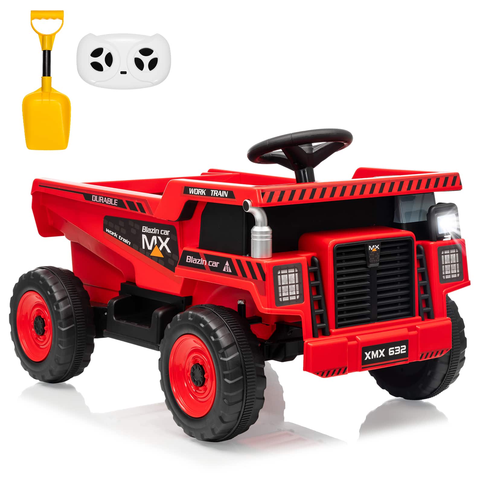 Qeetex - 12V Kids Ride On Dump Truck, Electric Construction Vehicle with Remote Control, Dump Bed,Suspension - Red