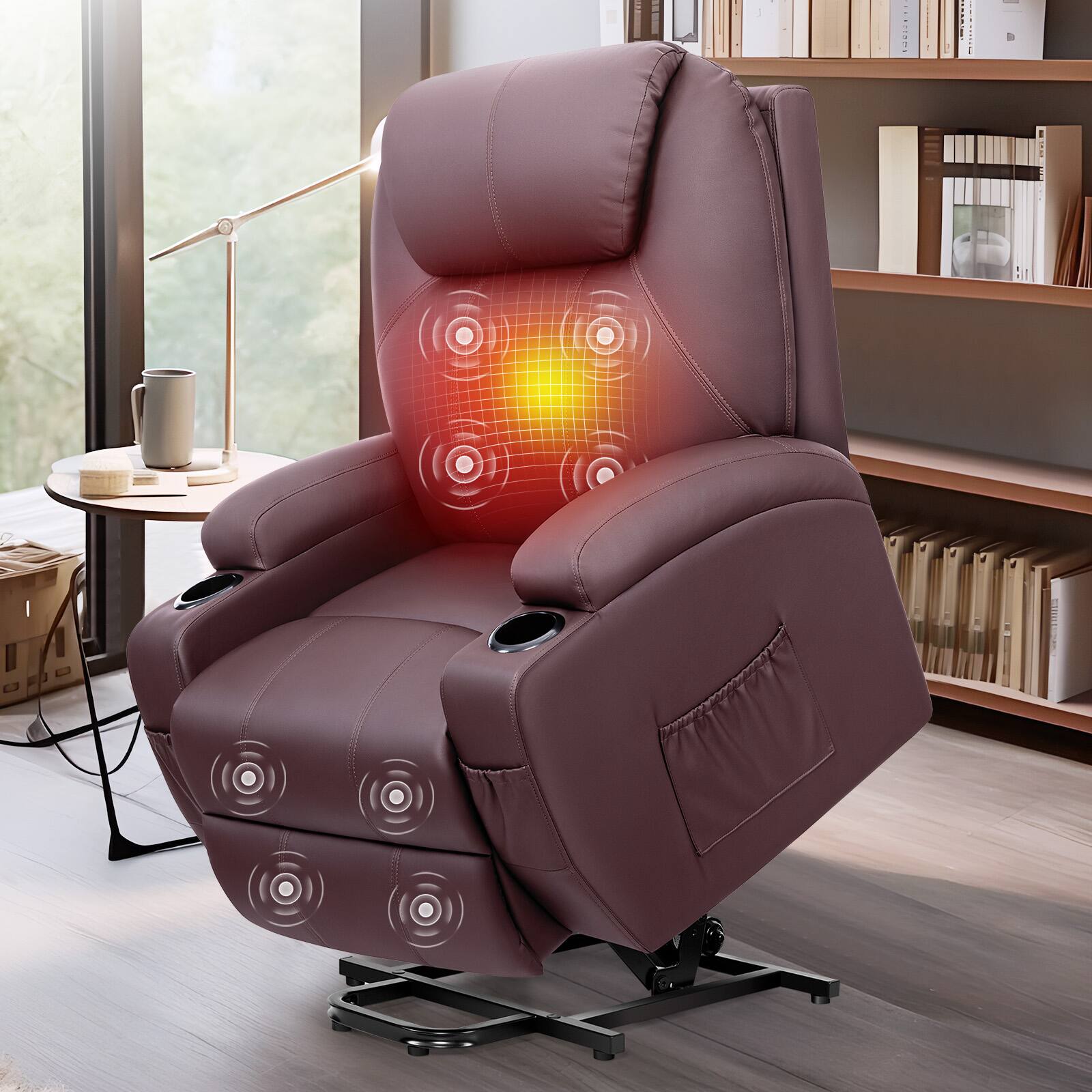 Left. Brick Attic - Electric Lift Recliner Sofa with Massage/ Heating Function, Dual Motors and Max 155° tilt, Single Sofa Home Theater Seat - Brown.