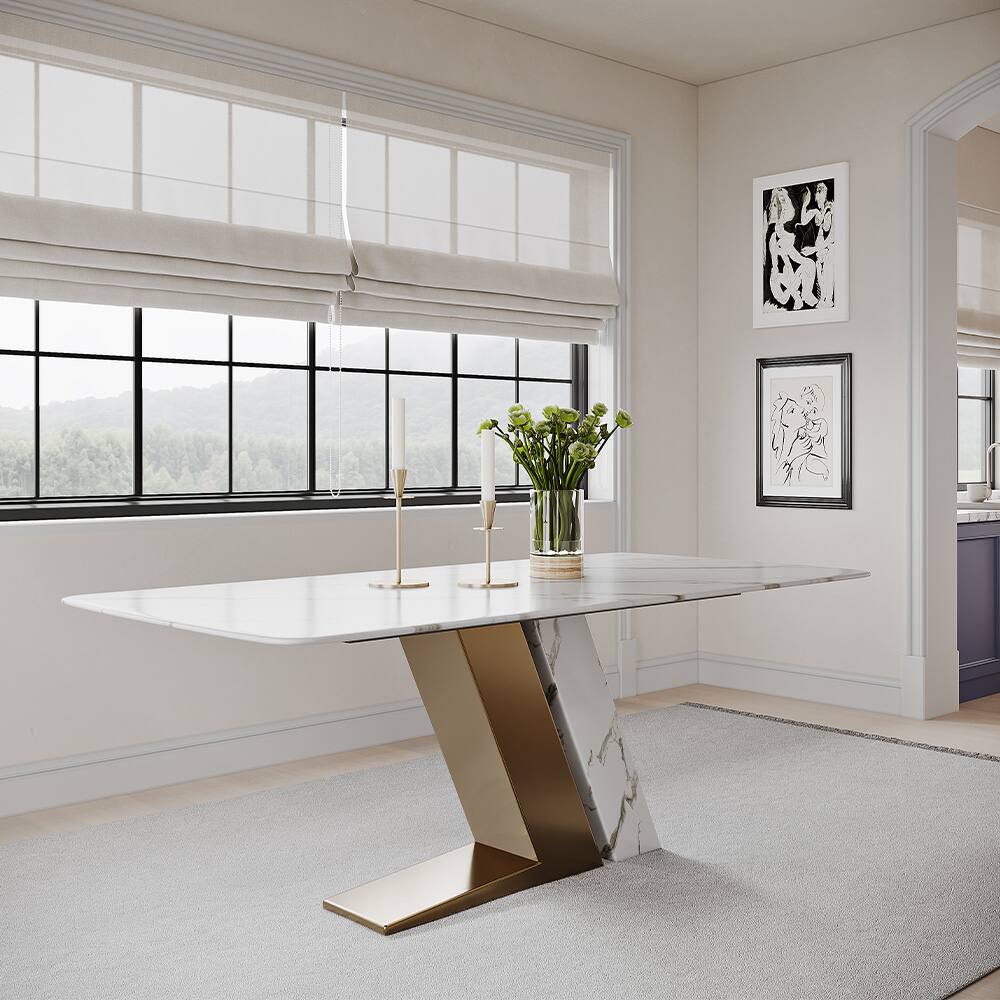 Alt View 2. POVISON - 71"Modern Glossy White Sintered Stone Rectangular Dining Table for 4-6, White & Gold Z-shaped Stainless Steel Base - White & Gold.