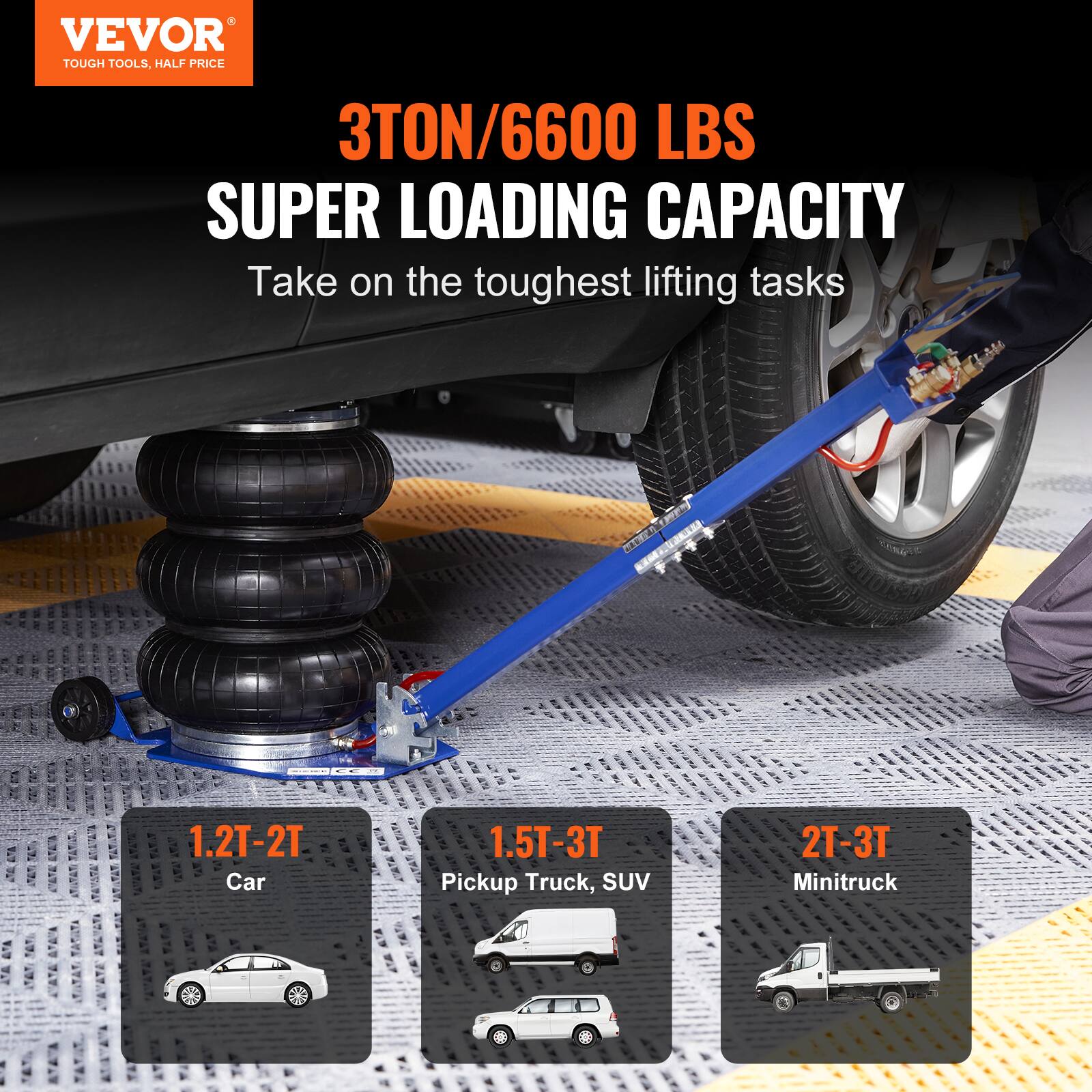 VEVOR TOUGH TOOLS, HALF PRICE

3TON/6600 LBS SUPER LOADING CAPACITY

Take on the toughest lifting tasks

1.2T-2T Car

1.5T-3T Pickup Truck, SUV

2T-3T Minitruck
