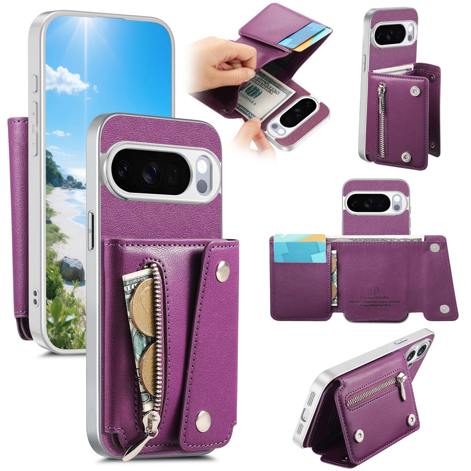 Dteck - PU Leather Wallet Case for Google Pixel 10 Pro XL, Shockproof Kickstand Phone Cover with Card Slots and Zipper Pocket - Purple price history on PriceWatchPro