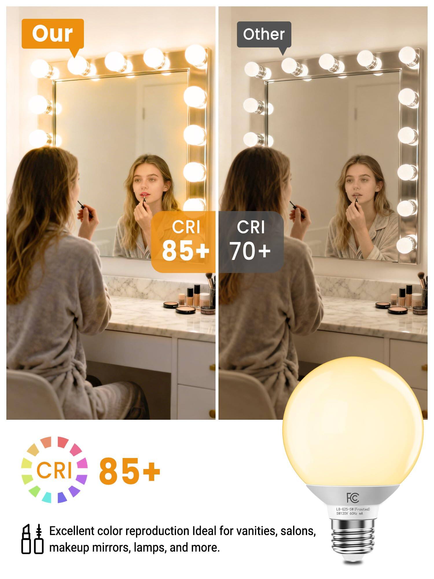 Our CRI 85+  
Excellent color reproduction  
Ideal for vanities, salons, makeup mirrors, lamps, and more.  

Other CRI 70+  

CRI 85+  
Excellent color reproduction  
Ideal for vanities, salons, makeup mirrors, lamps, and more.  

FC 8-025-58  
Freetedl S1J0V SO M MwN