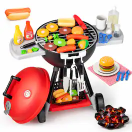Joyfy - 34 PCS Fun Play Toy BBQ Grill Set for Kids, Kitchen Toy Set with Light & Sound, Christmas Birthday Gift for Boys Girls