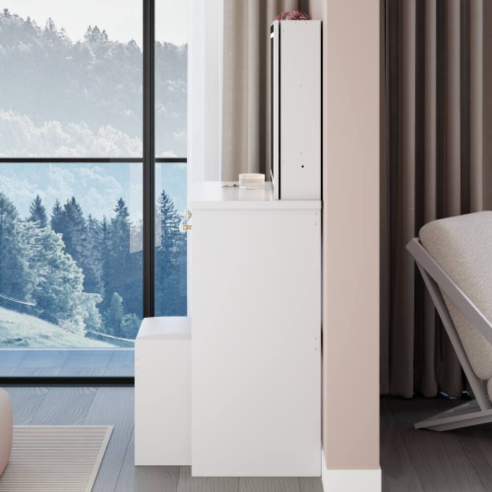 Alt View 2. LUCKY ONE - 37in Freestanding Vanity Set with Sliding Mirror, Stool and Multi-Layer Storage for Bedroom - White.