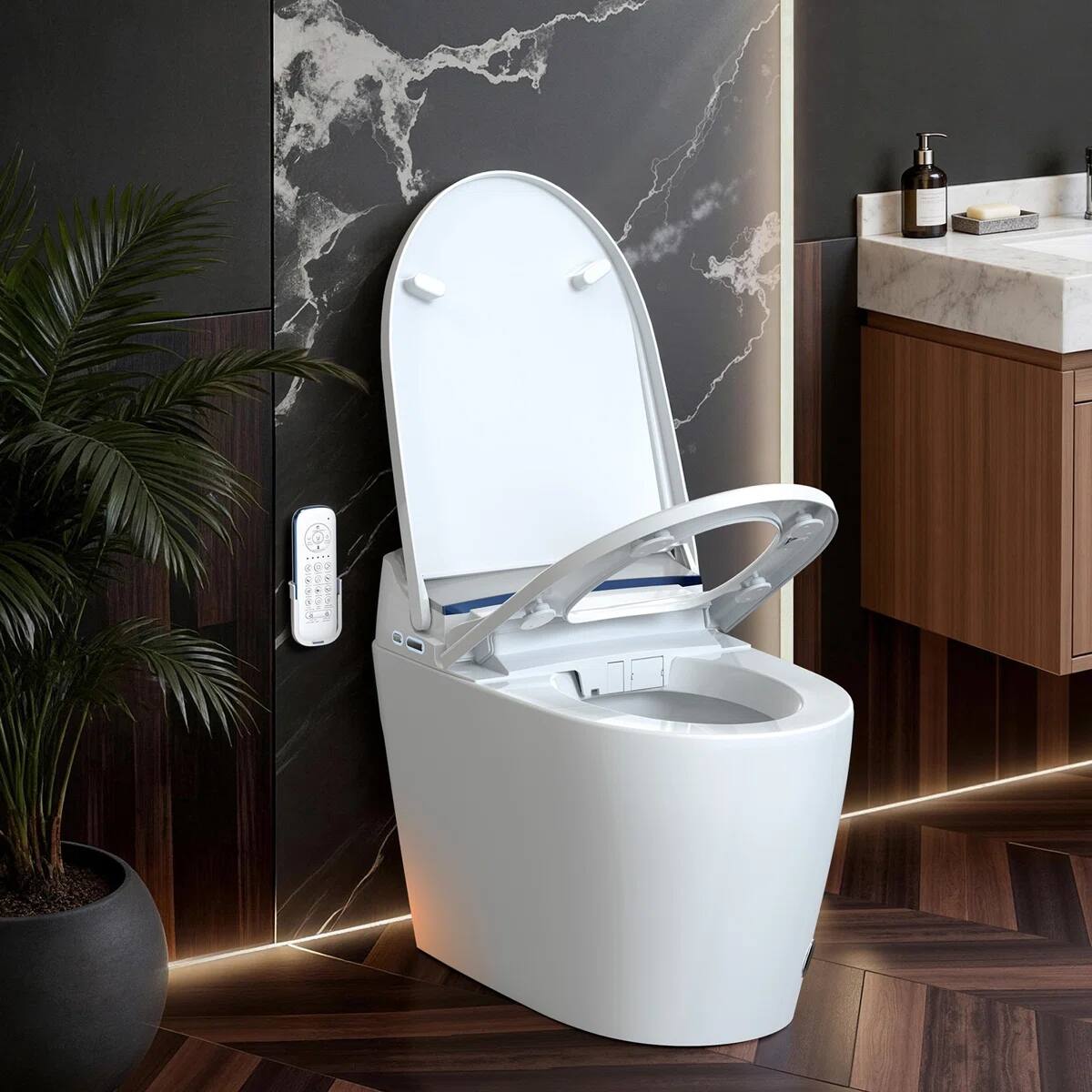 Left. Koligey - Smart Toilet with Tankless Bidet Wash, Auto Open Lid, 1.28 Gallons Auto Dual Flush, Heat Seat, Warm Wash/Dryer - White.
