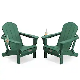 SERWALL - Foldable Adirondack Chair Set of 2 All Weather Adirondack Chairs with Cup Holder Outdoors Fire Pit Chairs - Green