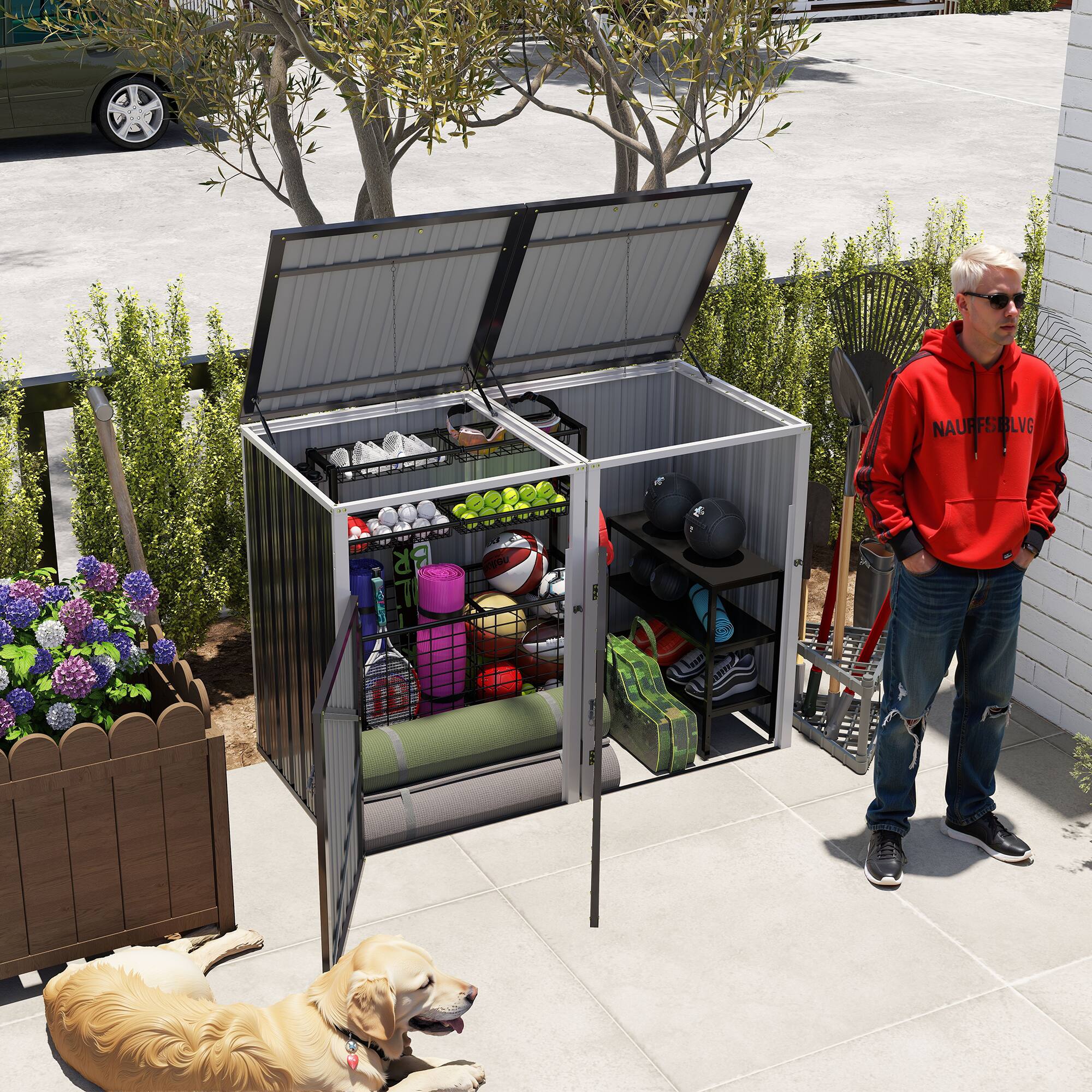 Back. Mondawe - 2 Trash Garbage Bin Shed Stores with Pneumatic Support Rod,Lockable Doors & Waterproof Lid Chain - Dark Gray.