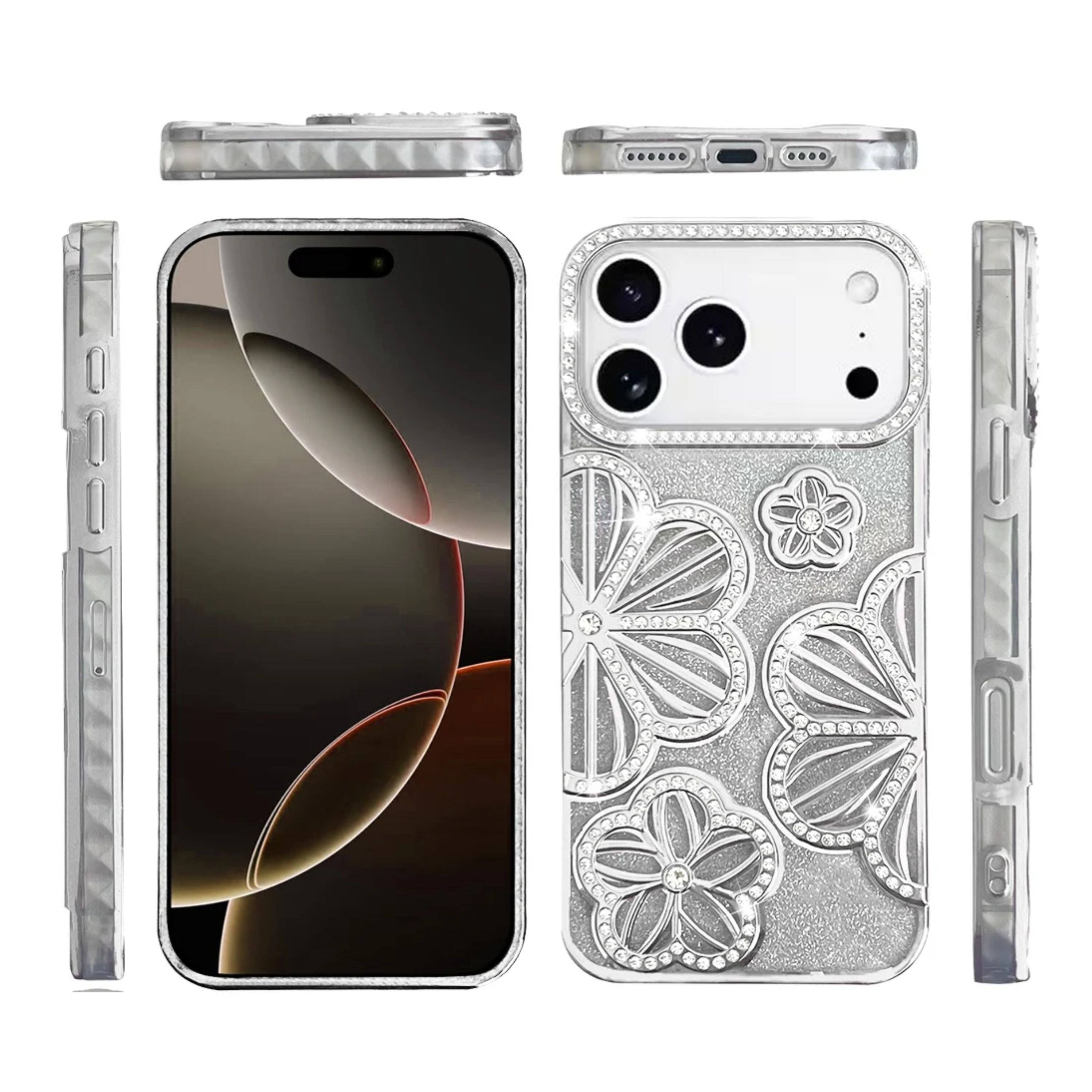 Angle. Kitcheniva - Floral 3D Glitter Phone Cover With Tempered Glass For iPhone 17 Pro Max Silver - Silver.