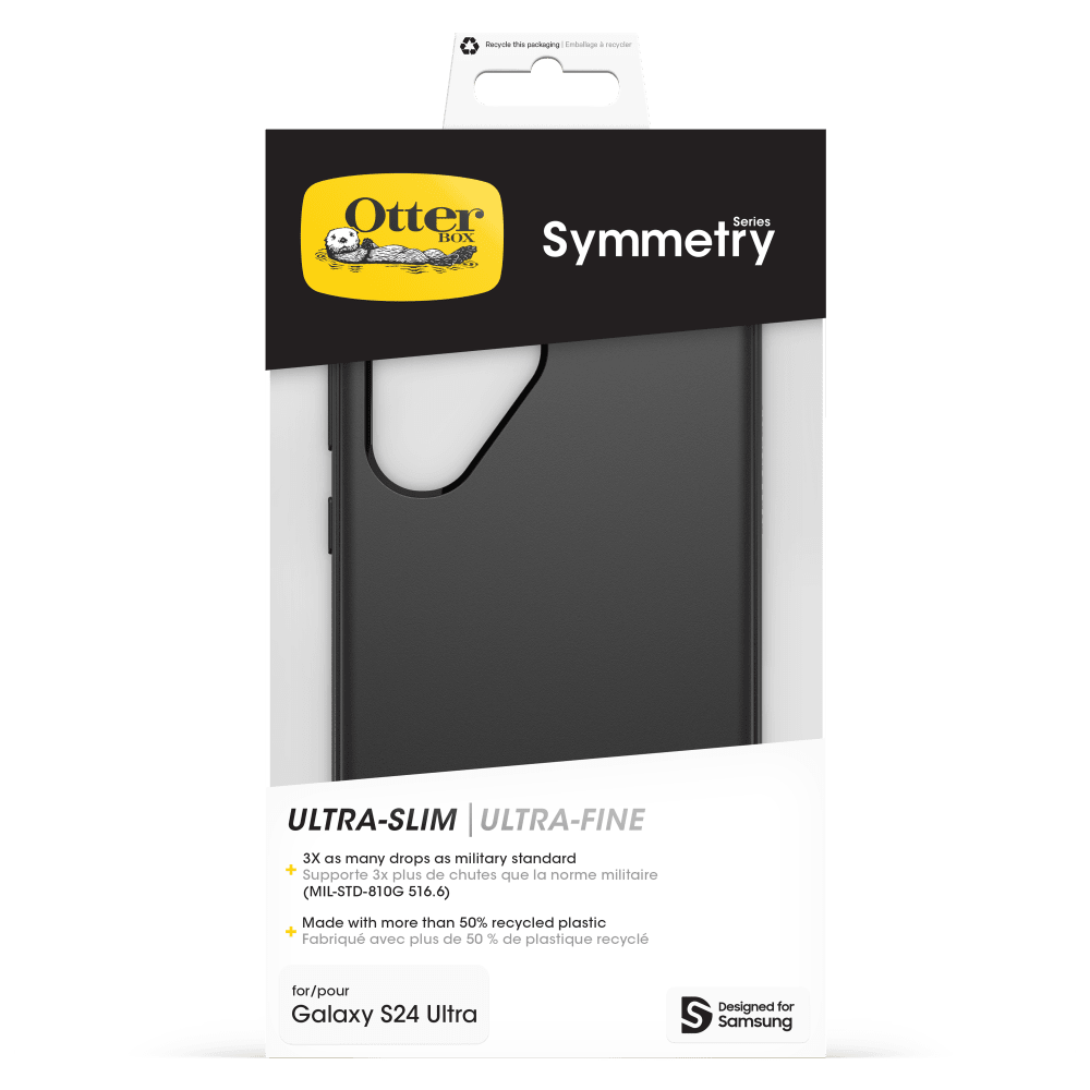 Recycle this packaging  
Enballage - moyder

Otter Series BOX Symmetry

ULTRA-SLIM ULTRA-FINE

3X as many drops as military standard + 3x de chutes la militaire Supporte plus que norme (MIL-STD-810G 516.6)

Made with more than 50% recycled plastic + Fabriqu avec plus de 50% de plastique recyclé

for/pour Galaxy S24 Ultra

Designed for Samsung