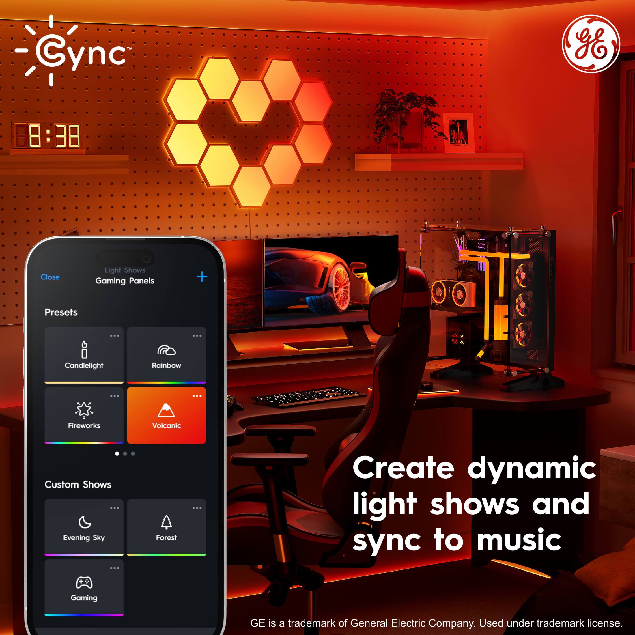 Cync gE 8:38 Close Light Shows Gaming Panels + Presets : : Candielight Rainbow : E Fireworks Volcanic Custom Shows : Evening Sky Forest : Create dynamic light shows and sync to music