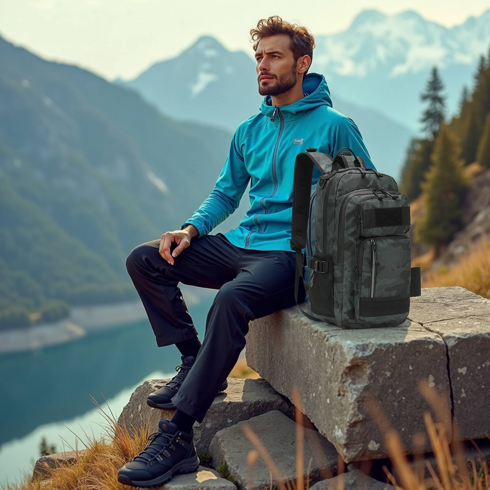 Alt View 5. Unique Bargains - 35L Fishing Backpack with Rod Holder Waterproof Tackle Backpack Sling Crossbody Fishing Bag for Fishing Camping Hiking - Dark Camouflage.