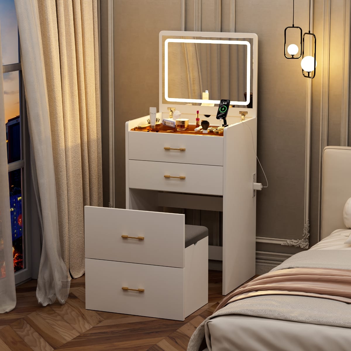 Loheer - Makeup Vanity Desk with Flip Top Mirror and Glass Surface - White