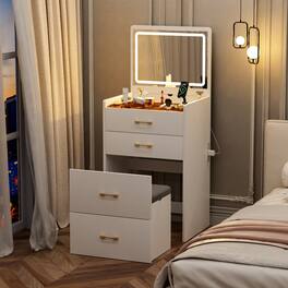 Loheer - Makeup Vanity Desk with Flip Top Mirror and Glass Surface - White