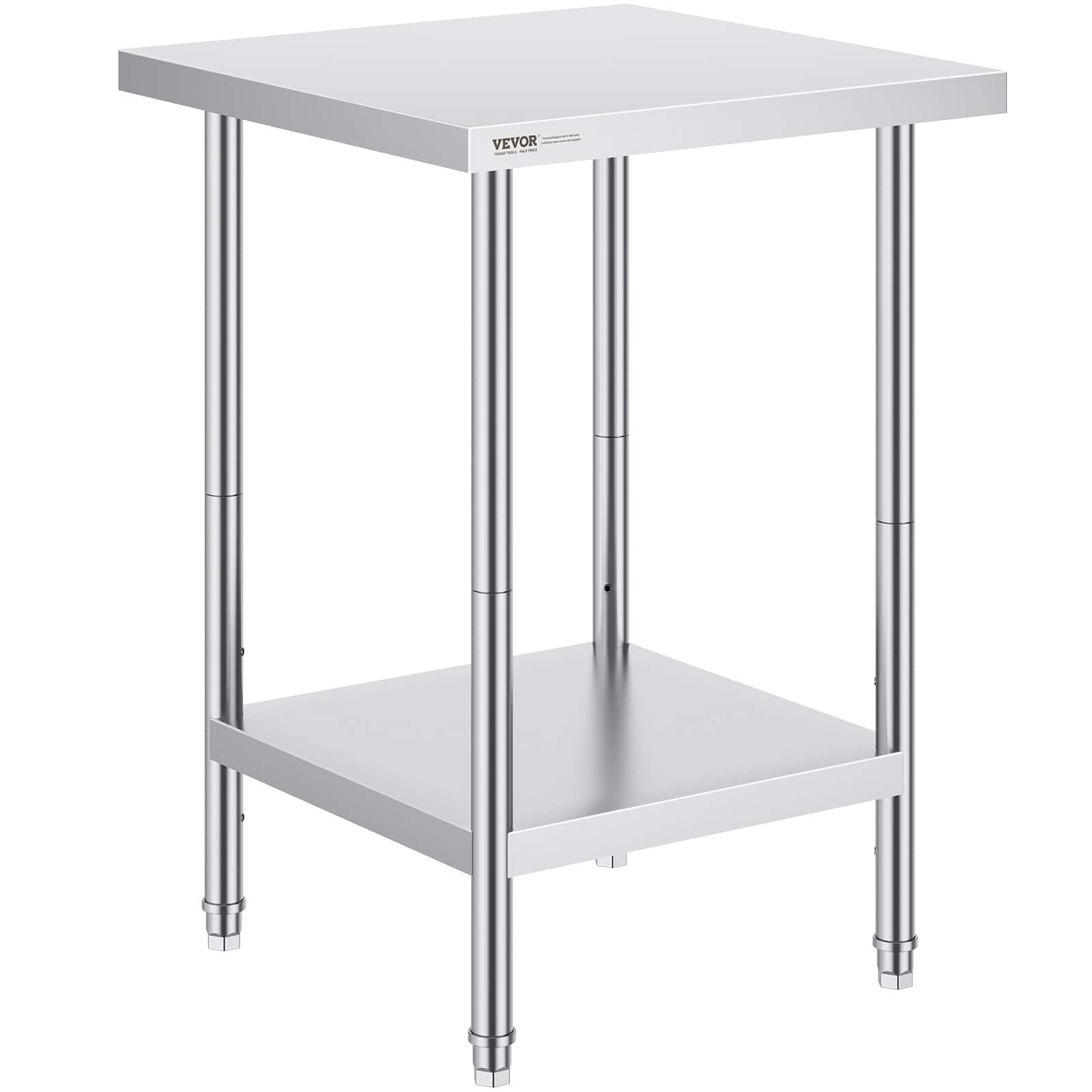 VEVOR - Stainless Steel Prep Table, 24 x 24 x 34 Inch, 700 lbs Load, Heavy Duty Metal Worktable with 3 Adjustable Height Levels - Silver