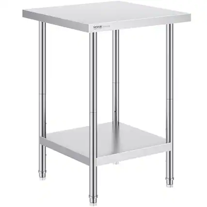 Front. VEVOR - Stainless Steel Prep Table, 24 x 24 x 34 Inch, 700 lbs Load, Heavy Duty Metal Worktable with 3 Adjustable Height Levels - Silver.