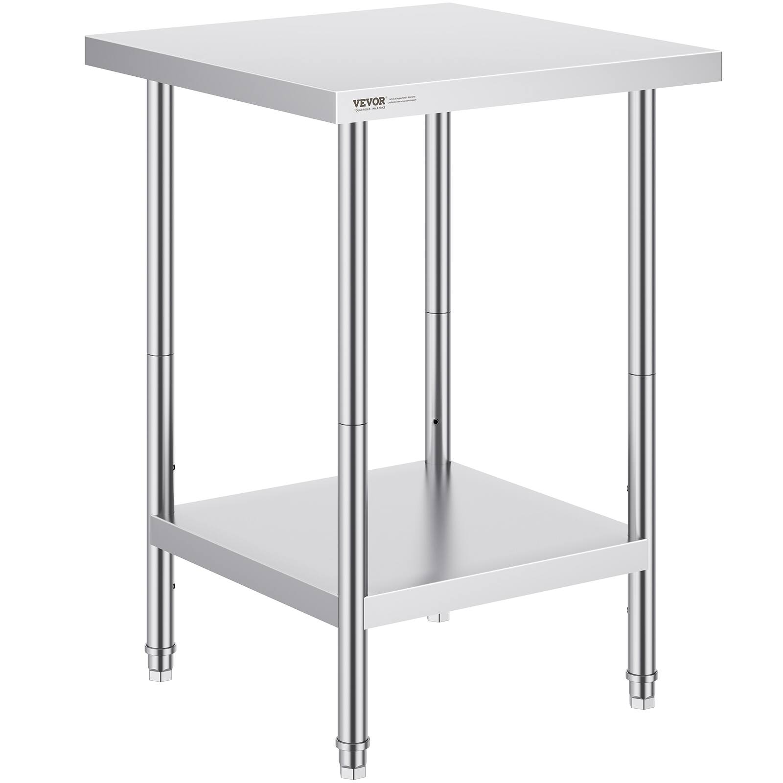 Front. VEVOR - Stainless Steel Prep Table, 24 x 24 x 34 Inch, 700 lbs Load, Heavy Duty Metal Worktable with 3 Adjustable Height Levels - Silver.