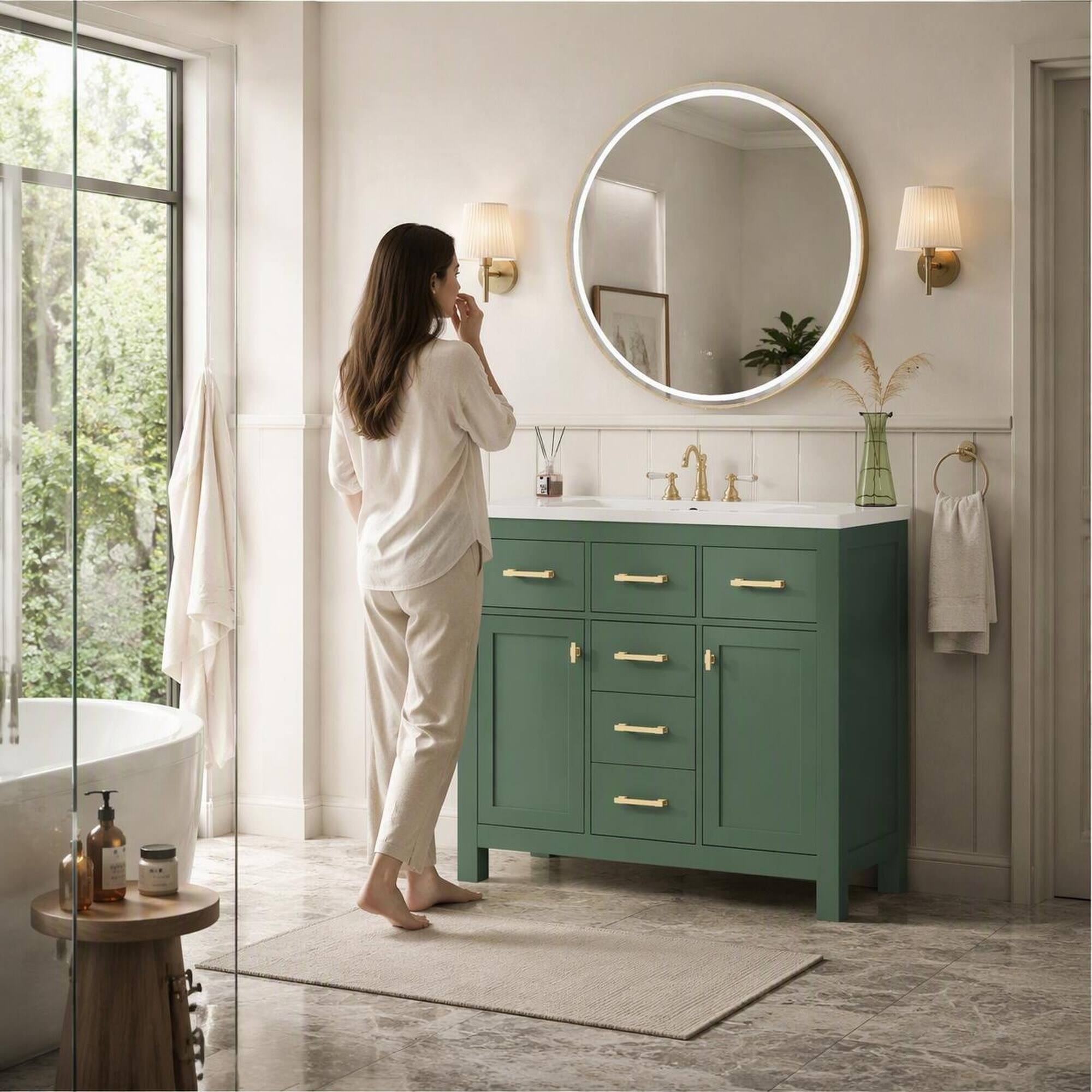 Left. RYHNUYNE - Green 36 Inch Freestanding Bathroom Vanity with Ceramic Sink and 4 Drawers plus 2 Cabinets - Green.