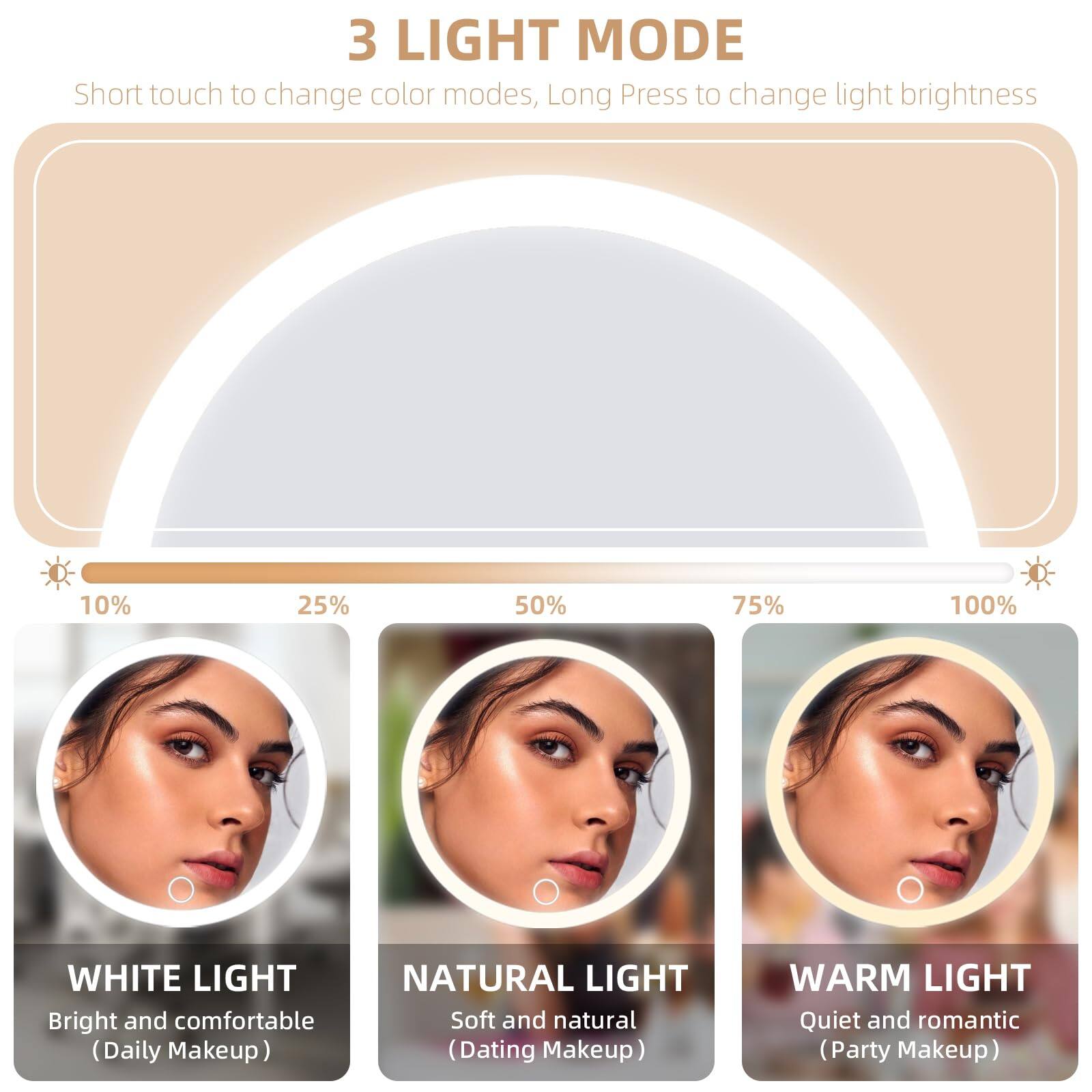 3 LIGHT MODE

Short touch to change color modes, Long Press to change light brightness

10% 25% 50% 75% 100%

WHITE LIGHT
Bright and comfortable (Daily Makeup)

NATURAL LIGHT
Soft and natural (Dating Makeup)

WARM LIGHT
Quiet and romantic (Party Makeup)