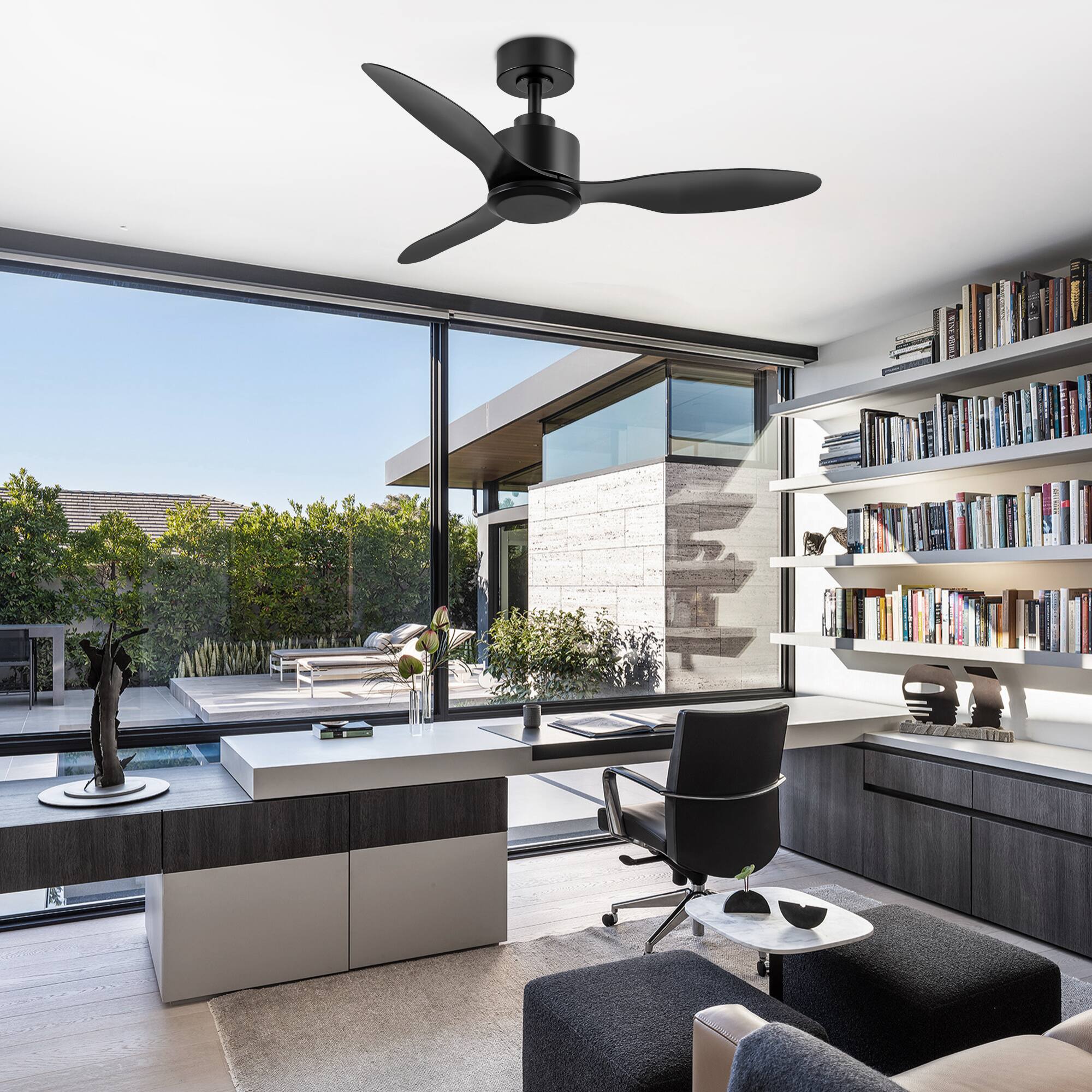 Left. Breezary - 42" Modern Indoor Ceiling Fan, 3 ABS Blades, 6-Speed DC Motor, Remote Control, Timer, 5'' Downrod, Light/No Light Option - Matte Black (Without Light).