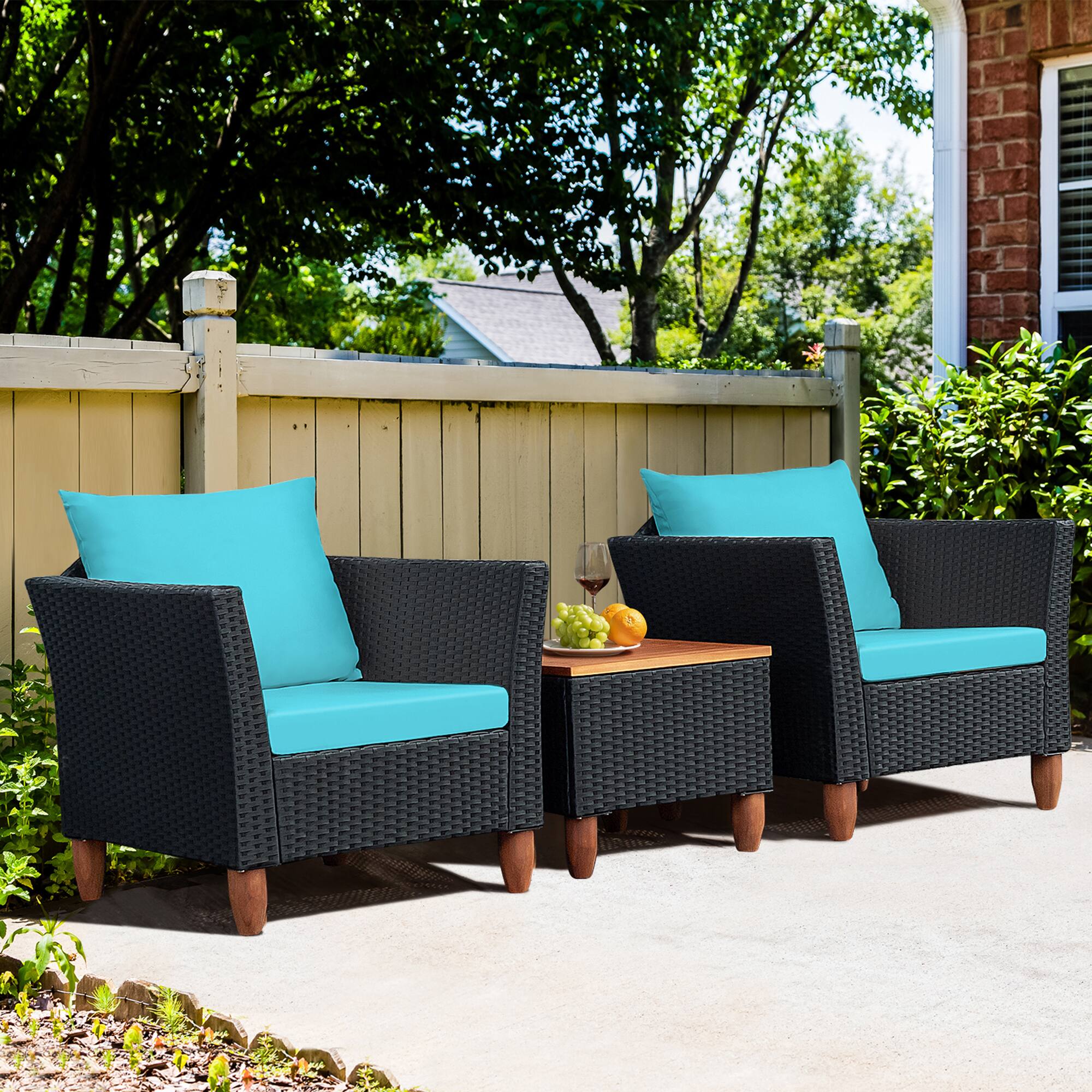 Alt View 2. Gymax - Gymax 3PCS Patio Rattan Conversation Furniture Set Yard Outdoor w/ Turquoise Cushions - Turquoise.