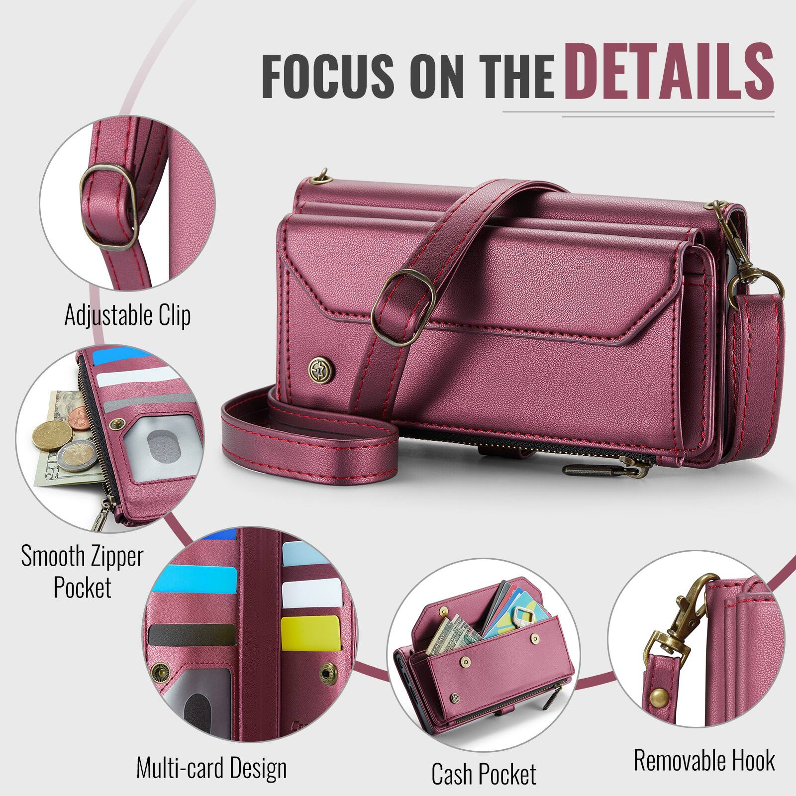 FOCUS ON THE DETAILS

- Adjustable Clip
- Smooth Zipper Pocket
- Multi-card Design
- Cash Pocket
- Removable Hook