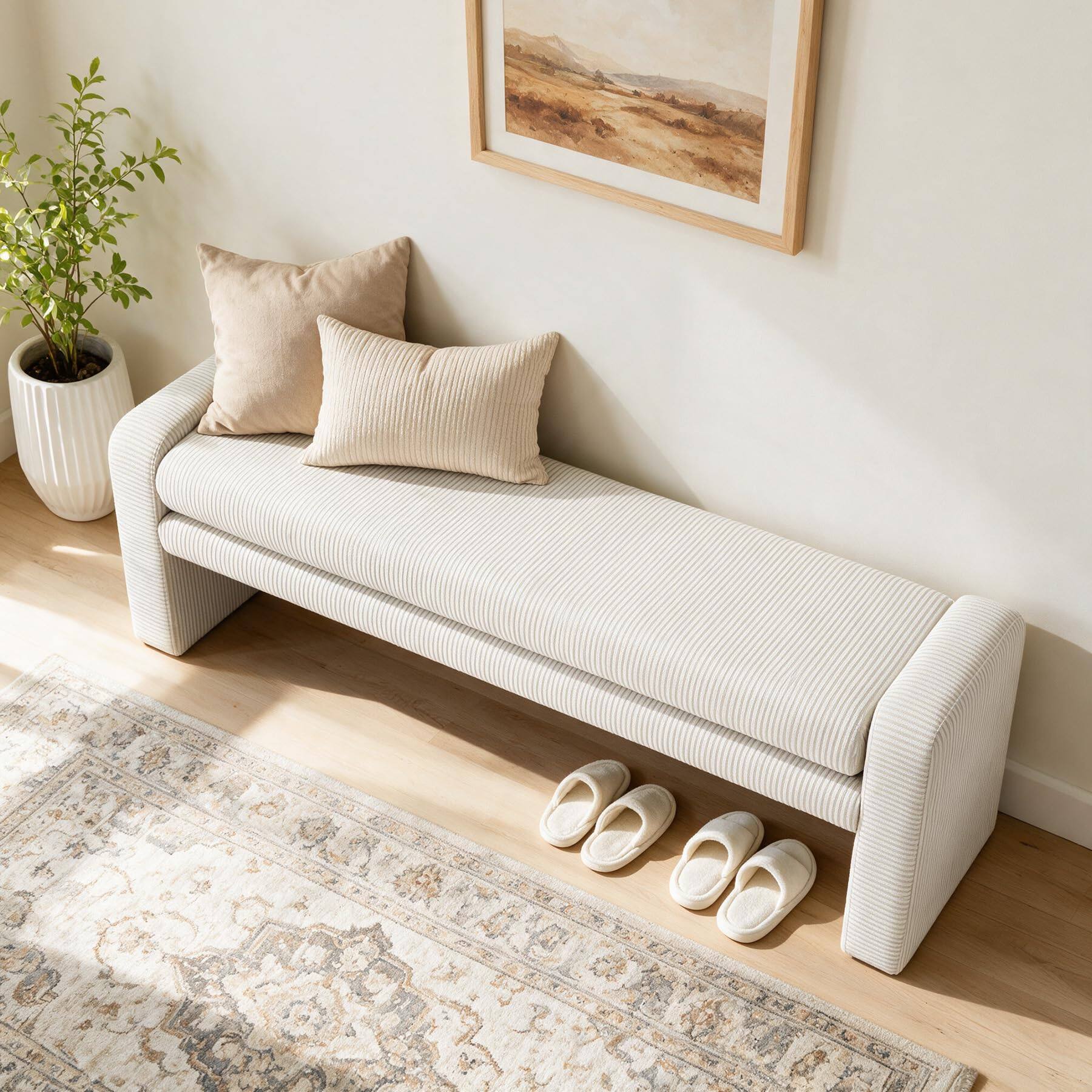 Alt View 2. Tribesigns - 55" Upholstered End of Bed Bench, Solid Wood Frame, White - White.