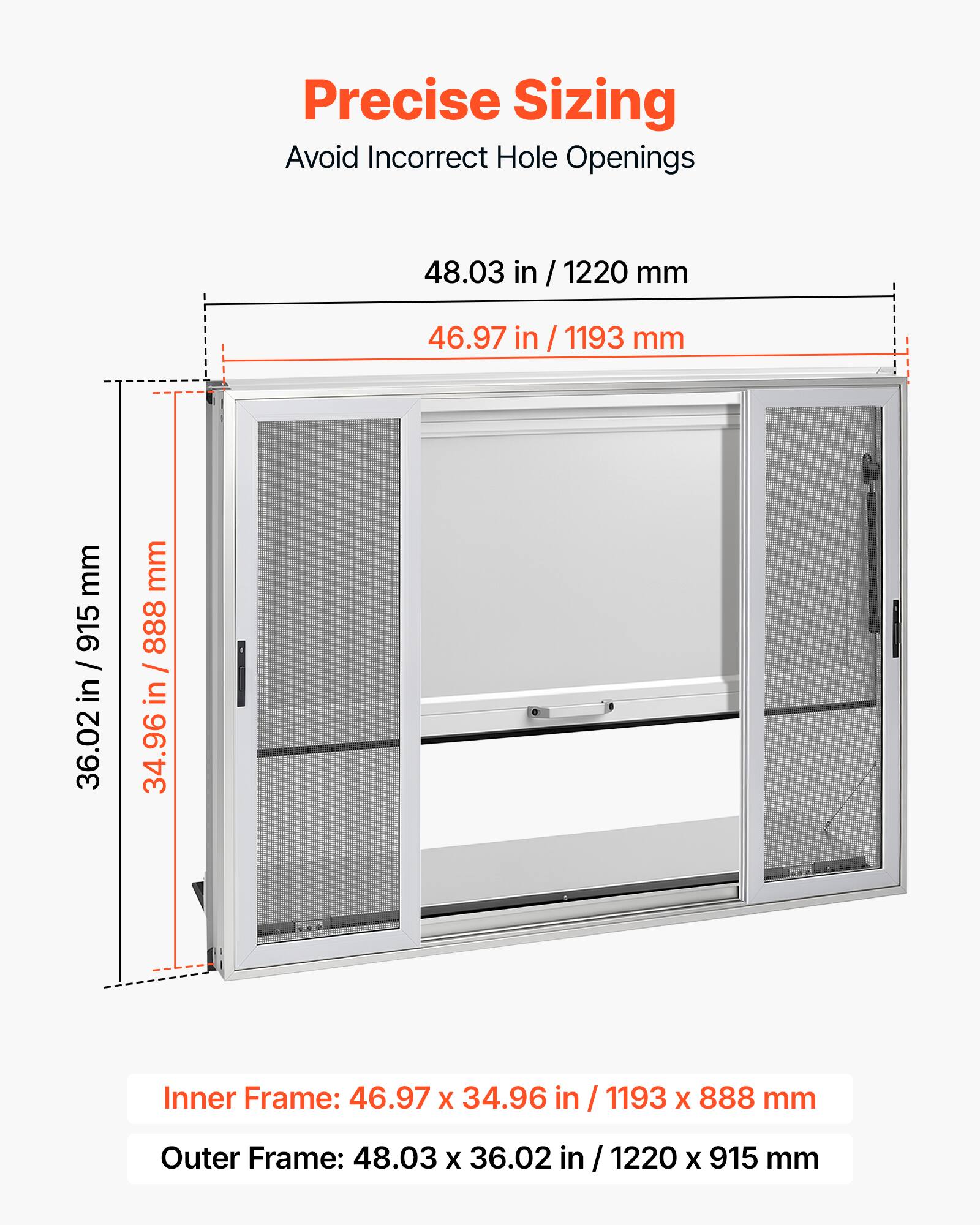 Precise Sizing  
Avoid Incorrect Hole Openings  

48.03 in / 1220 mm  
46.97 in / 1193 mm  

Inner Frame: 46.97 x 34.96 in / 1193 x 888 mm  
Outer Frame: 48.03 x 36.02 in / 1220 x 915 mm
