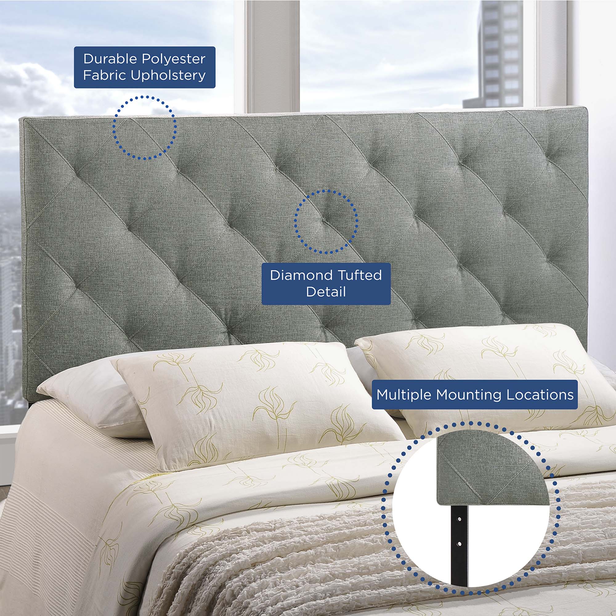 - Durable Polyester Fabric Upholstery
- Diamond Tufted Detail
- Multiple Mounting Locations