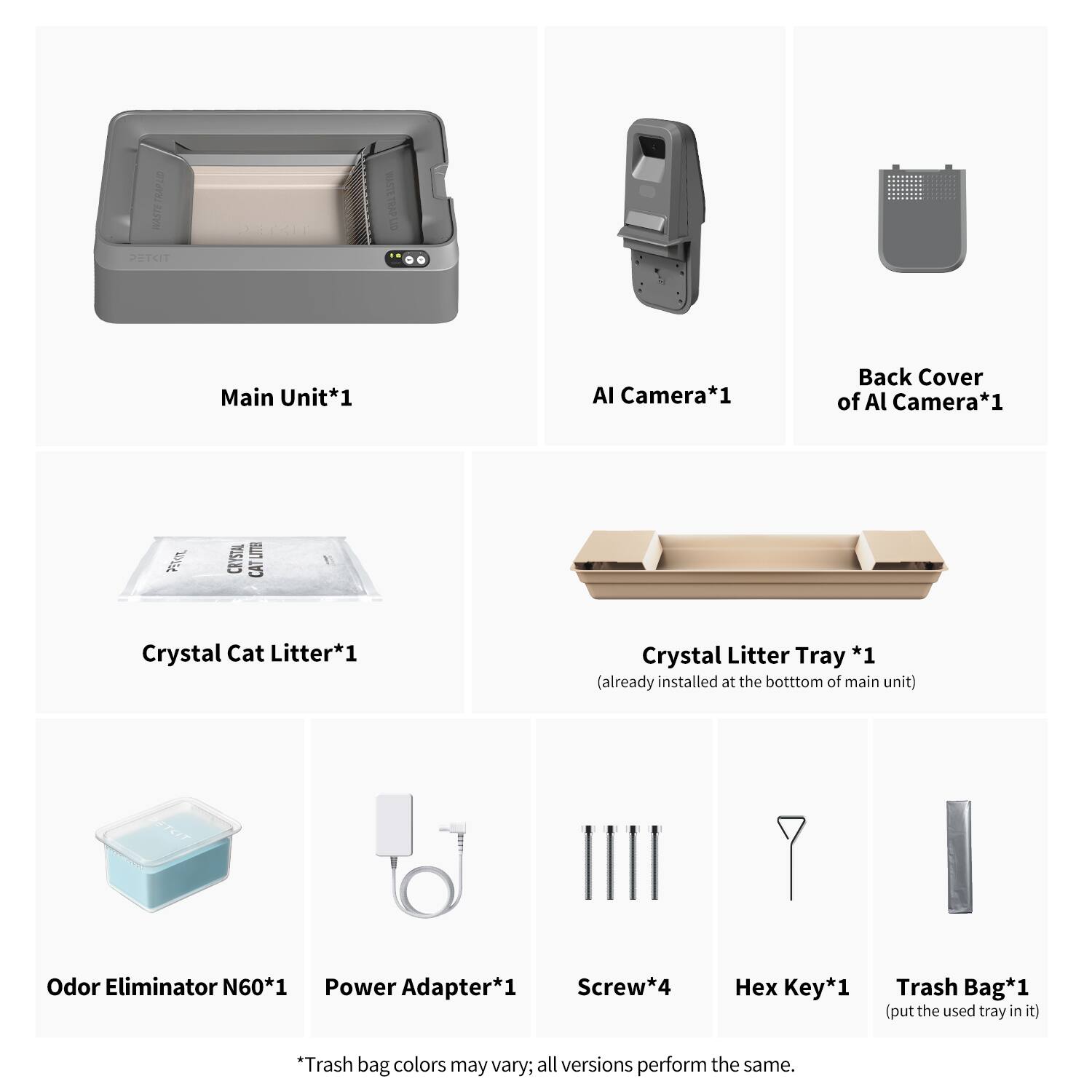 HASETRAP LS PSTST HAETPUS

Main Unit*1  
AI Camera*1  
Back Cover of AI Camera*1  
Crystal Cat Litter*1  
Crystal Litter Tray *1 (already installed at the bottom of main unit)  
Odor Eliminator N60*1  
Power Adapter*1  
Screw*4  
Key*1  
Trash Bag*1 (put the used tray in it)  

*Trash bag colors may vary, all versions perform the same.