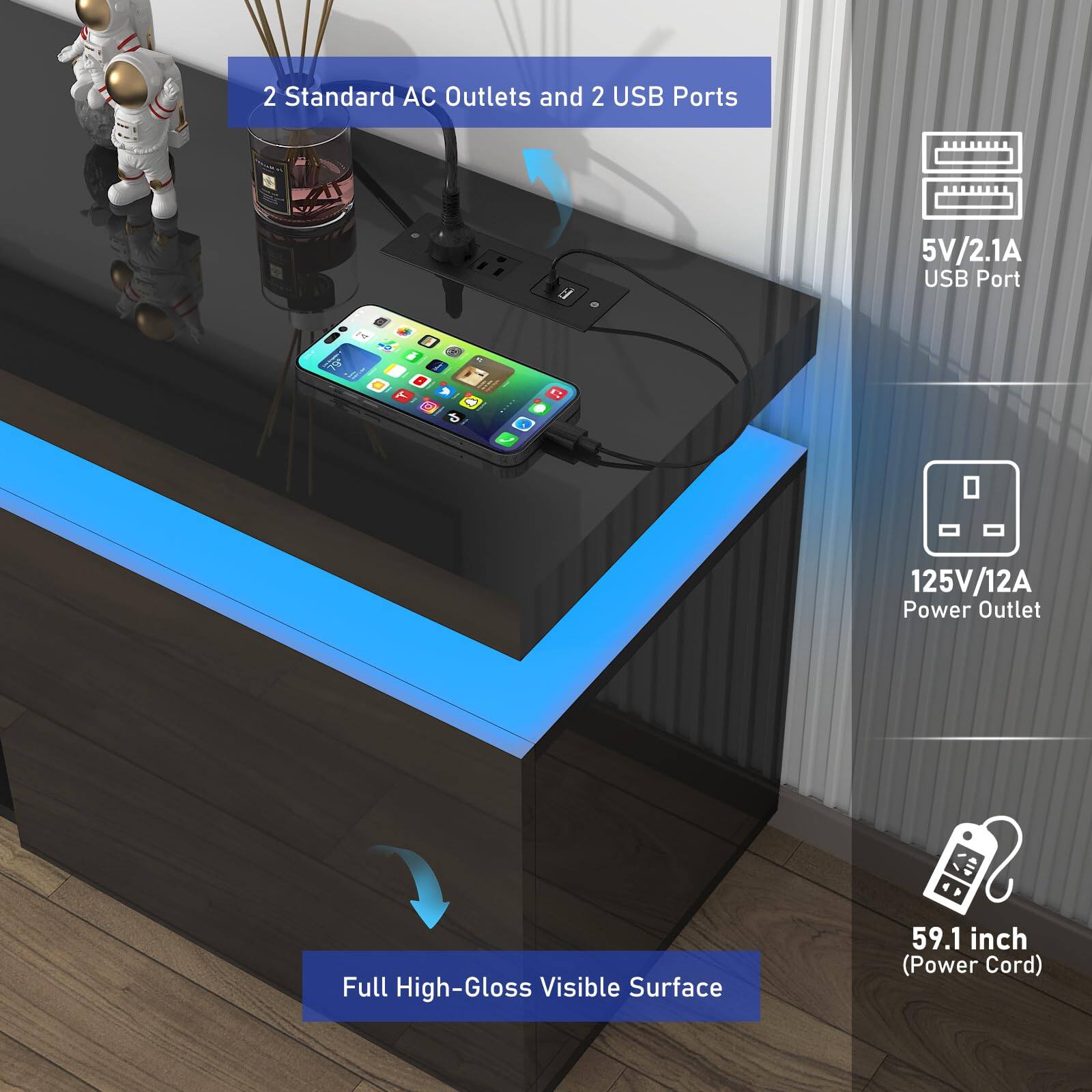 2 Standard AC Outlets and 2 USB Ports  
5V/2.1A USB Port  
125V/12A Power Outlet  
Full High-Gloss Visible Surface  
59.1 inch (Power Cord)