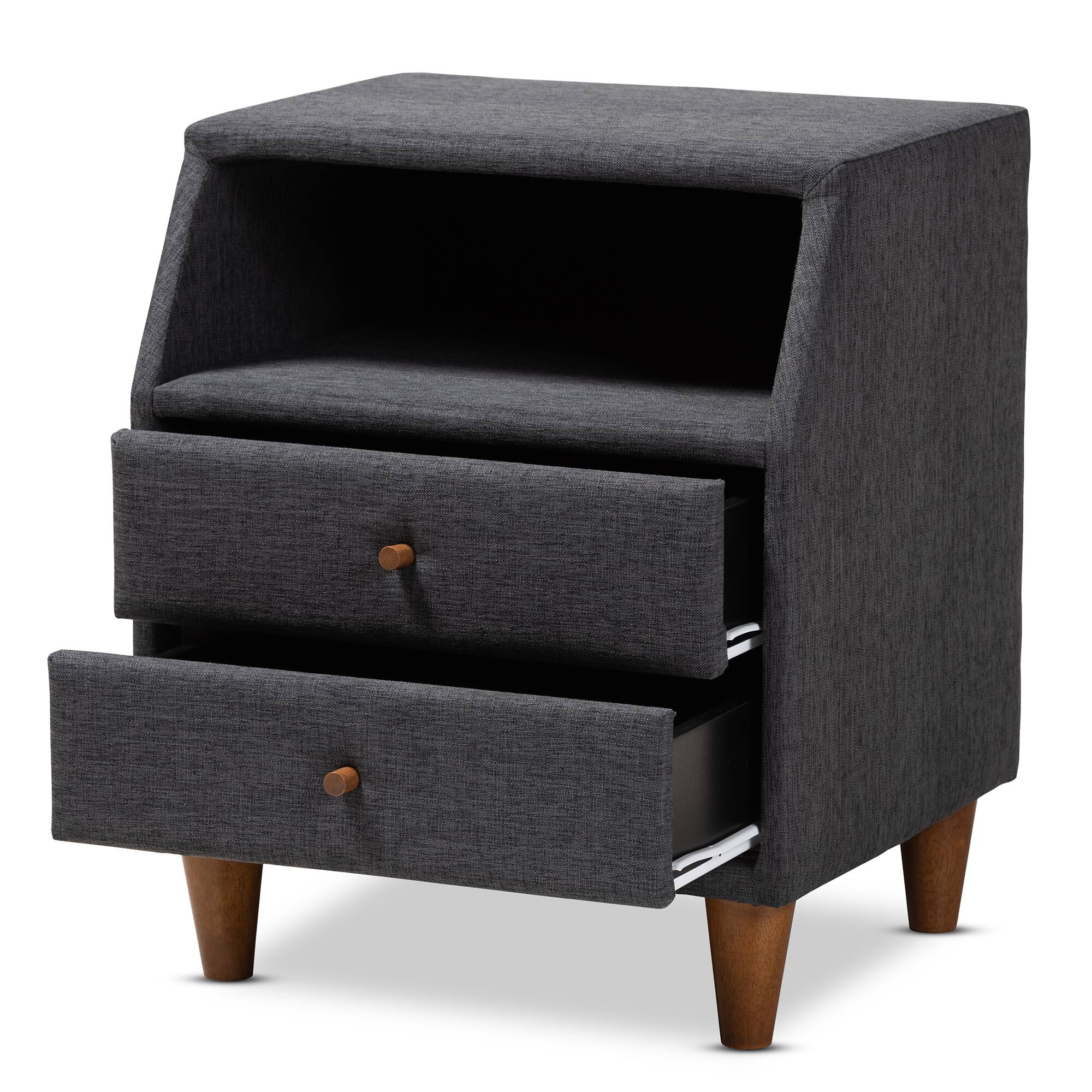 Angle. Baxton Studio - Claverie Mid-Century Modern Charcoal Fabric Upholstered 2-Drawer Wood Nightstand - Charcoal.